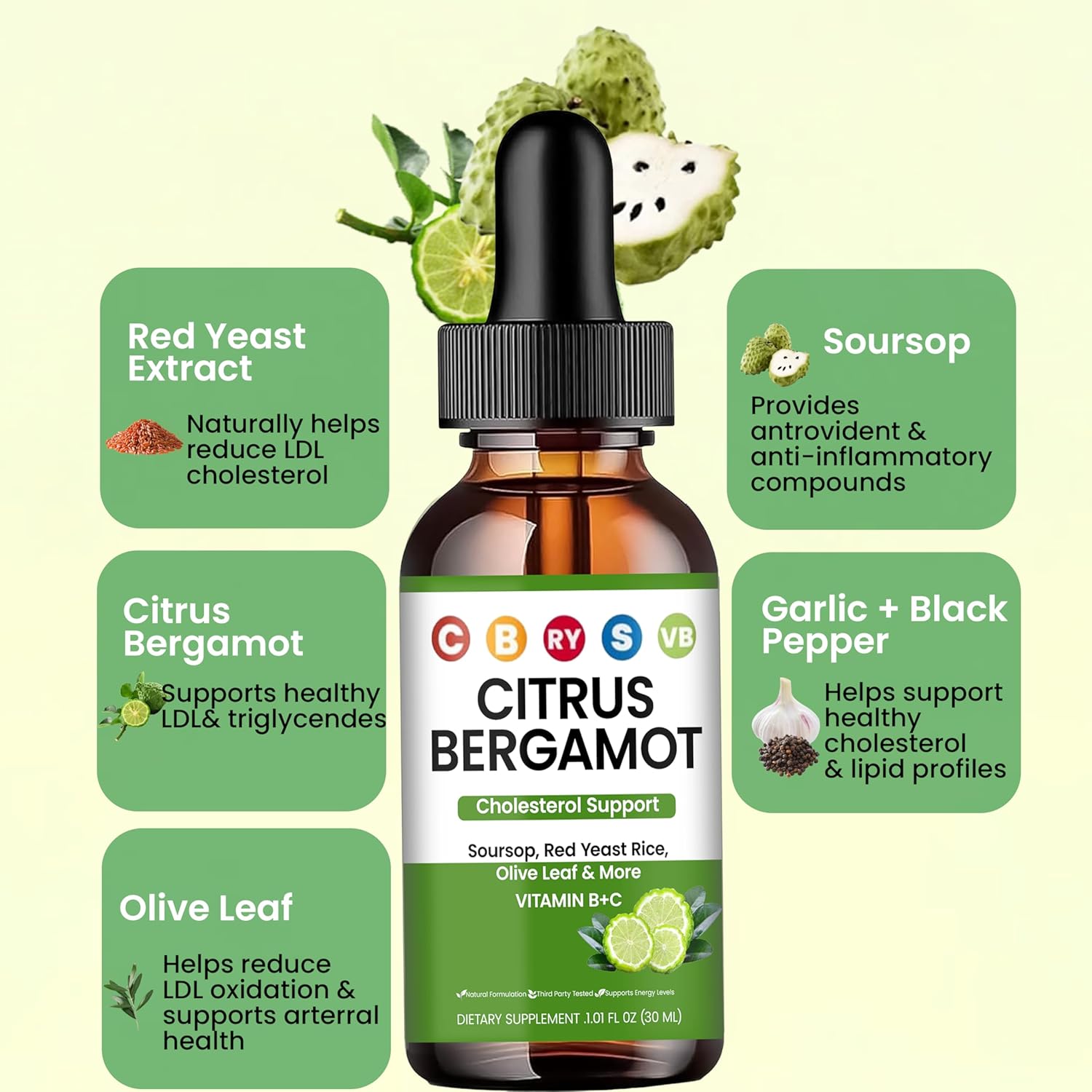Red Yeast Rice Cholesterol Cleanse | Cholesterol Support Blend with Citrus Bergamot | Red Yeast Rice, Soursop, Olive Leaf, Vitamin B+C 60ml - 2 oz (1pcs)