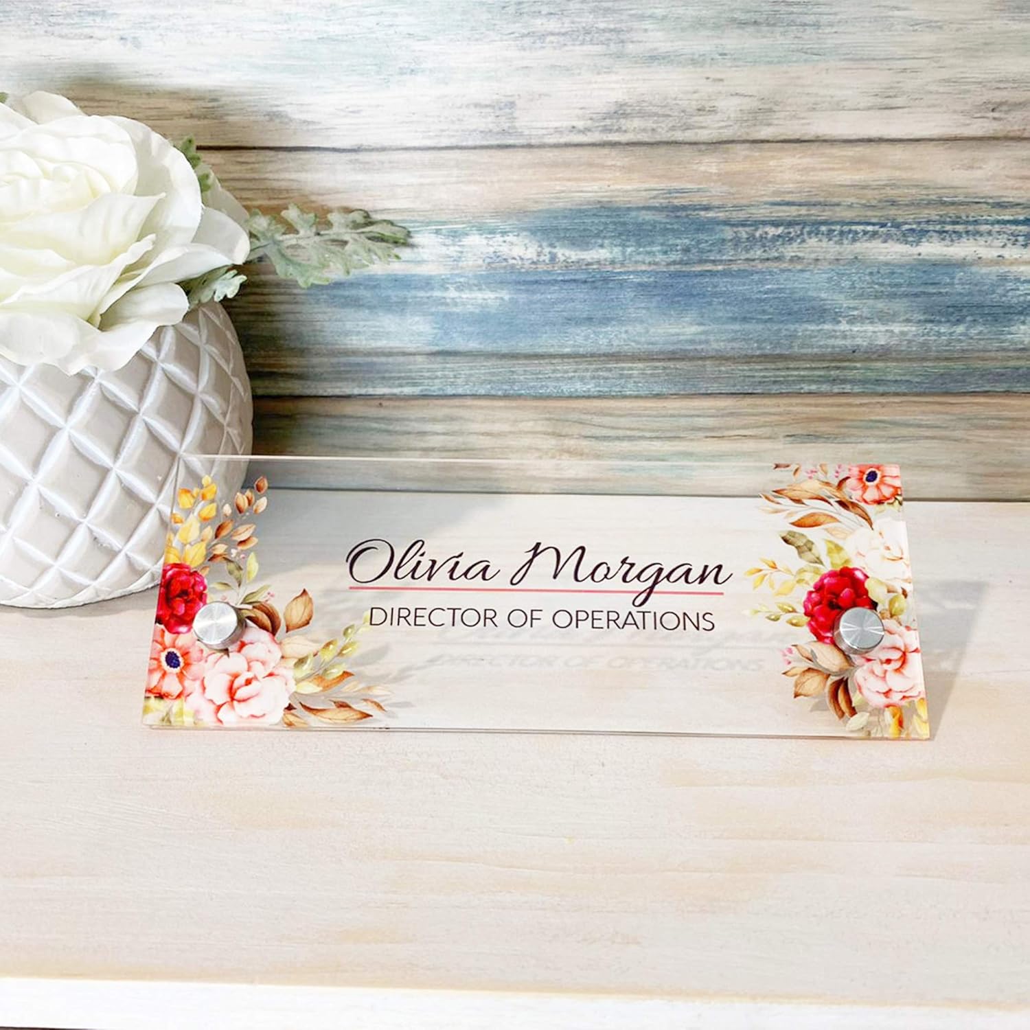 Personalised Desk Name Plate Acrylic Wall Name Plate, Acrylic Sign Holder With Standoff barrels, Custom Sign Door Name Plates For Office Home Classroom Teacher 3"x8" - Peony Flower