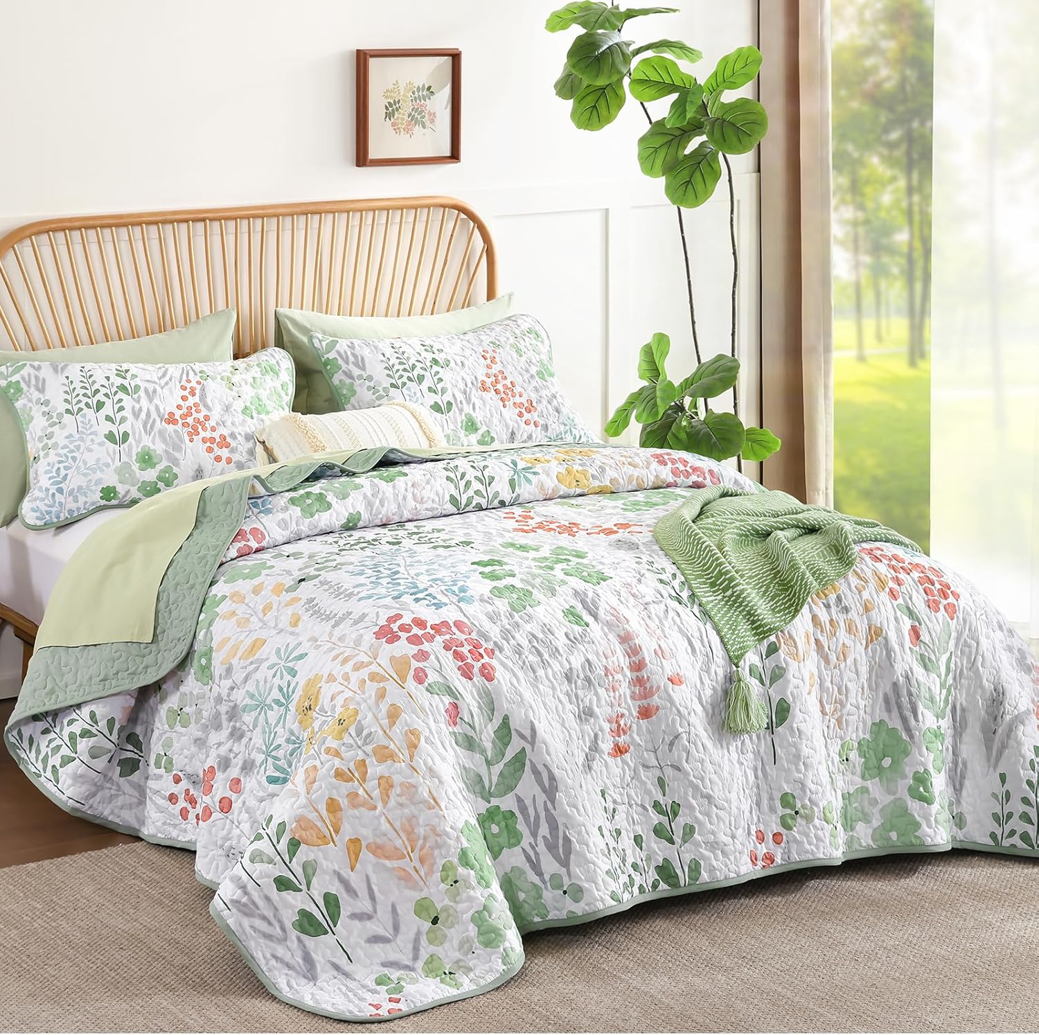 Xruibed Floral Quilt Sets Queen Size Green Quilt Set 3 Pieces Bedspreads Bedding Set Soft and Cozy Microfiber Lightweight Quilt Flower Bed Coverlet Sets for All Season - Image 2