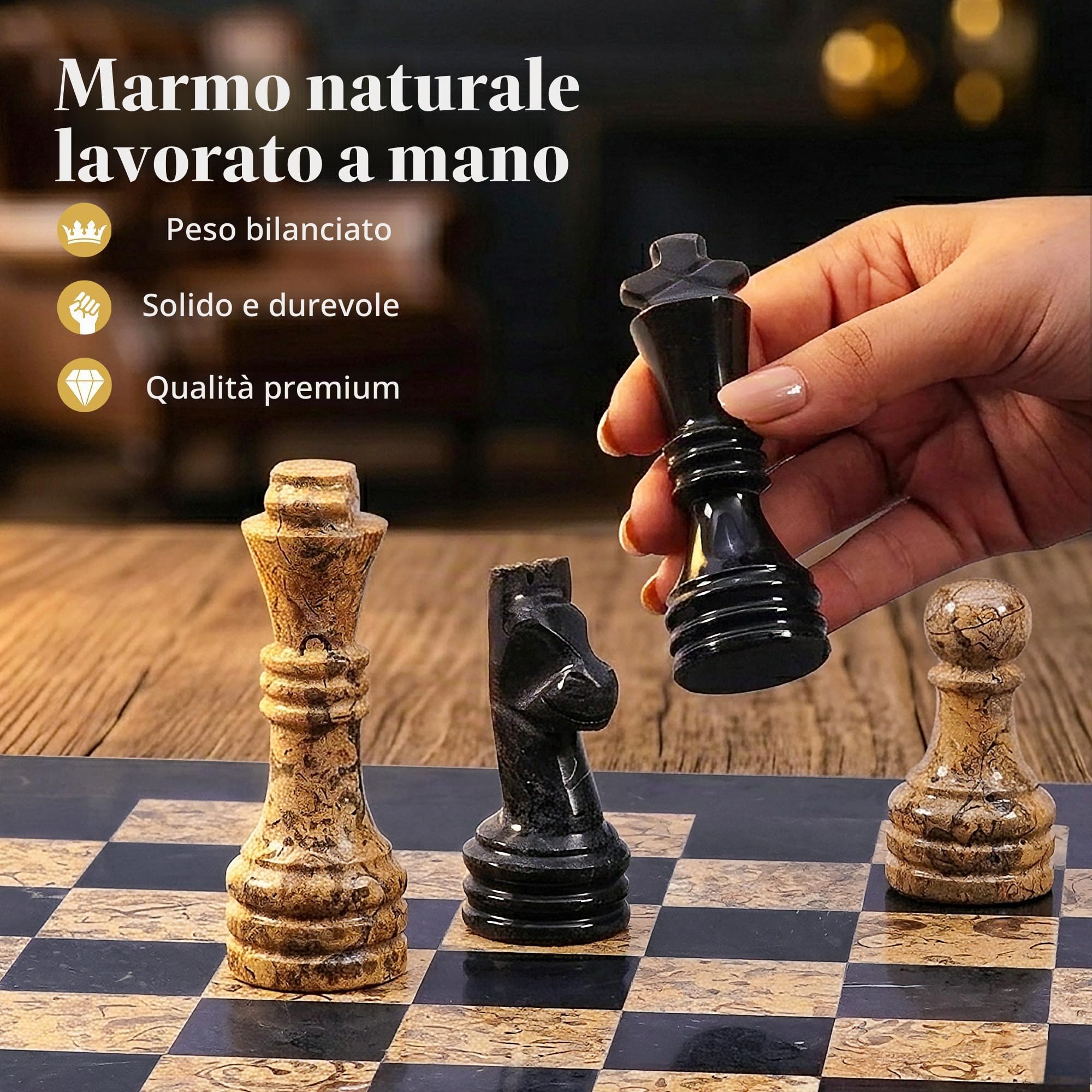 RADICALn Set da 38 cm di scacchi in marmo nero e fossile, stile Staunton e ambasciatore, set da torneo, non magnetico, non backgammon, per 2 giocatori, età minima 96 mesi, adatto a tutti