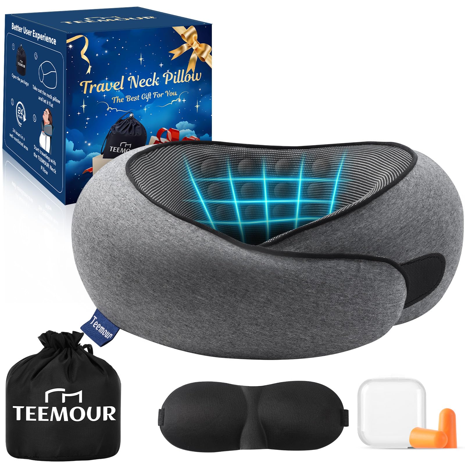 Reise-Nackenkissen für Flugzeuge, Memory-Schaum-Reisekissen mit verstellbarem Klettverschluss, komplettes Set enthält 3D-Augenmaske, Ohrstöpsel und Luxus-Tasche, tragbares Geschenk für Reiseutensilien