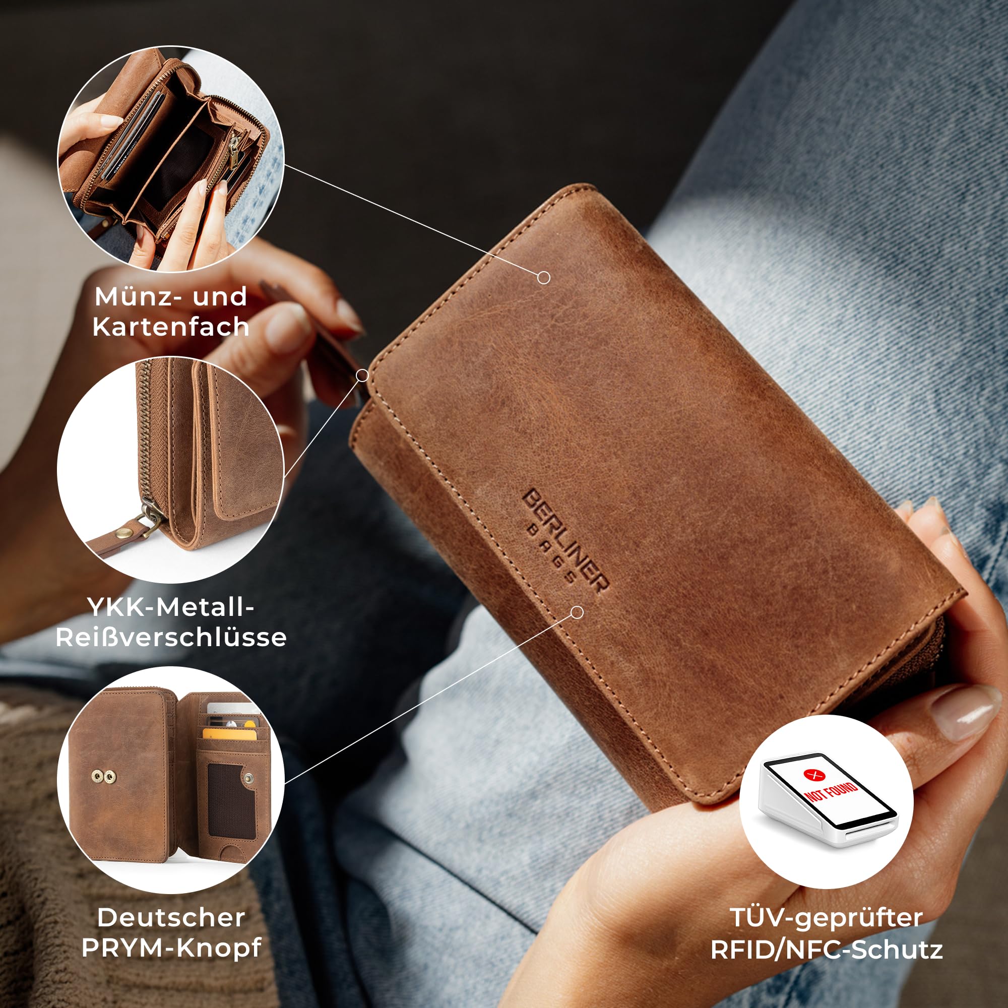 Berliner Bags Vintage Geldbörse Vienna, Große Portemonnaie, Geldbeutel aus Leder mit RFID Schutz, inkl. Geschenk-Box, für Damen - Braun
