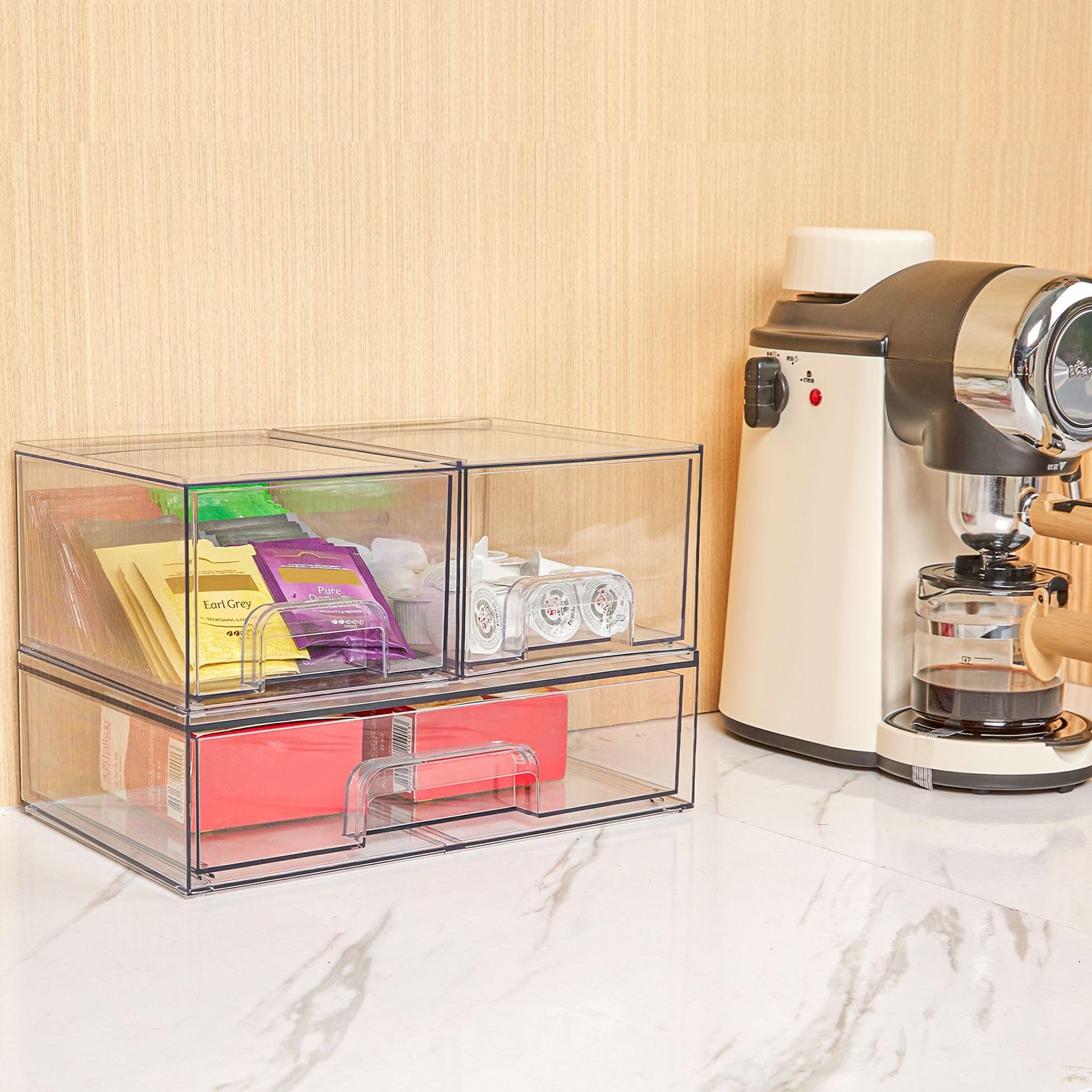 Paquete de 5 (1) organizador de cosméticos apilable de PET transparente con cajones sólidos, caja de almacenamiento de tocador de escritorio libremente combinable para botellas de cuidado de la piel