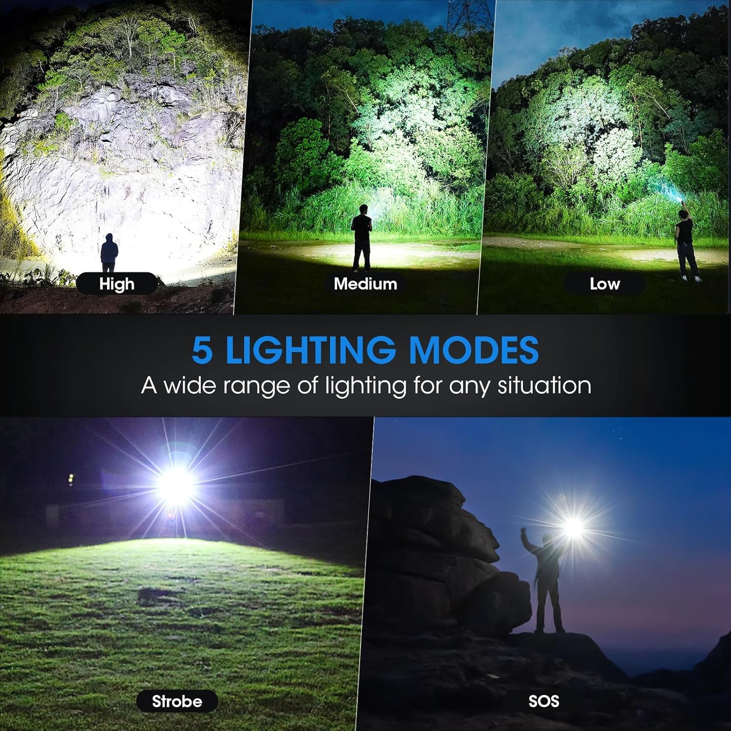 Linterna recargable de 99.000 lúmenes altos, paquete de 2 luces LED brillantes con 5 modos, potente lintera de mano impermeable para acampar en casa (L-2P)
