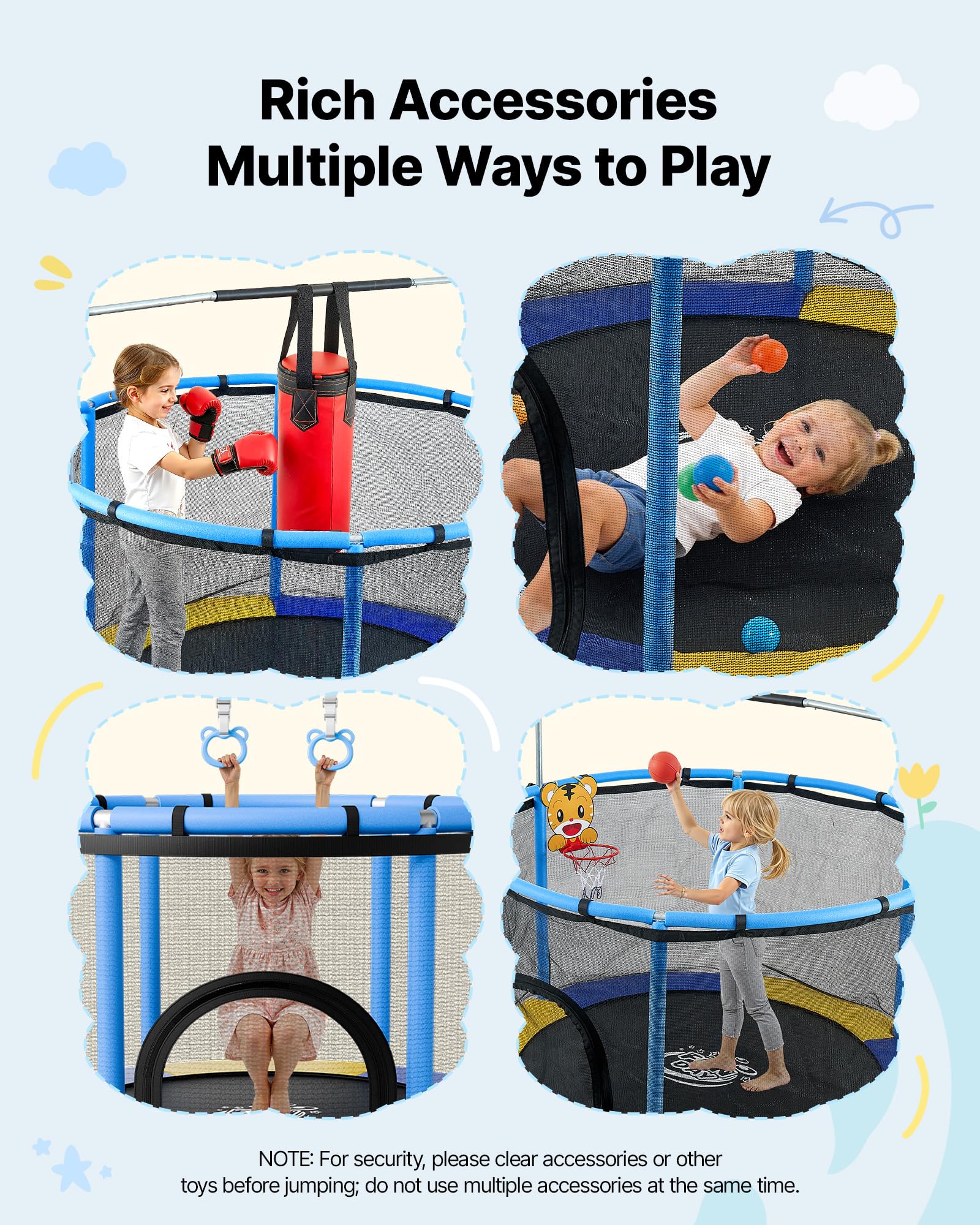 VEVOR Trampolino Elastico per Bambini Carico 60kg con Rete di Protezione, Mini Trampolino Tappeto Elastico Integrato in PVC per Rimbalzo Manubrio a 3 Livelli Rete di Protezione per Bambini 3-12 Anni