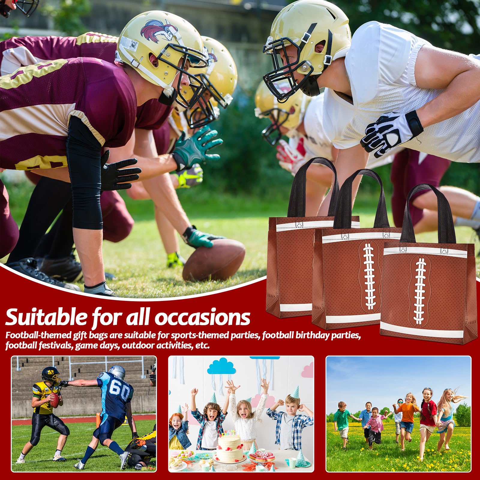 24Pcs Football Gift Bags With Handles Bulk Sport Theme Treat Candy Bags Football Team Present Non Woven Goodie Snack Favor Bag for Sport Boys Birthday Party Favor Baby Shower Decorations Supplies