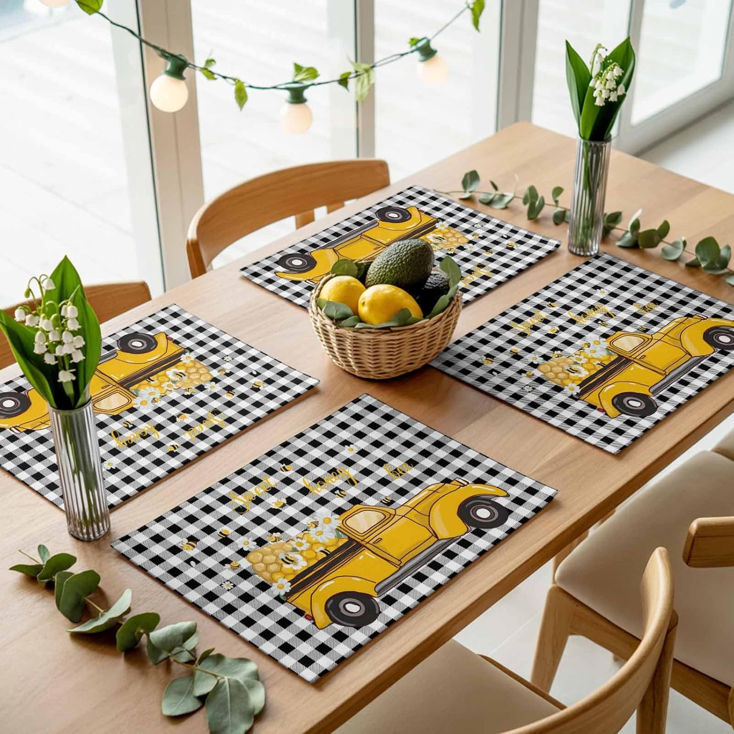 LooPoP Placemats Set of 6 Washable,Sweet Honey Bee Placemat for Dining Table Decorations, Heat-Proof Table Mats for Kitchen Dinner Banquet Summer Bee Yellow Truck Black and White Plaid