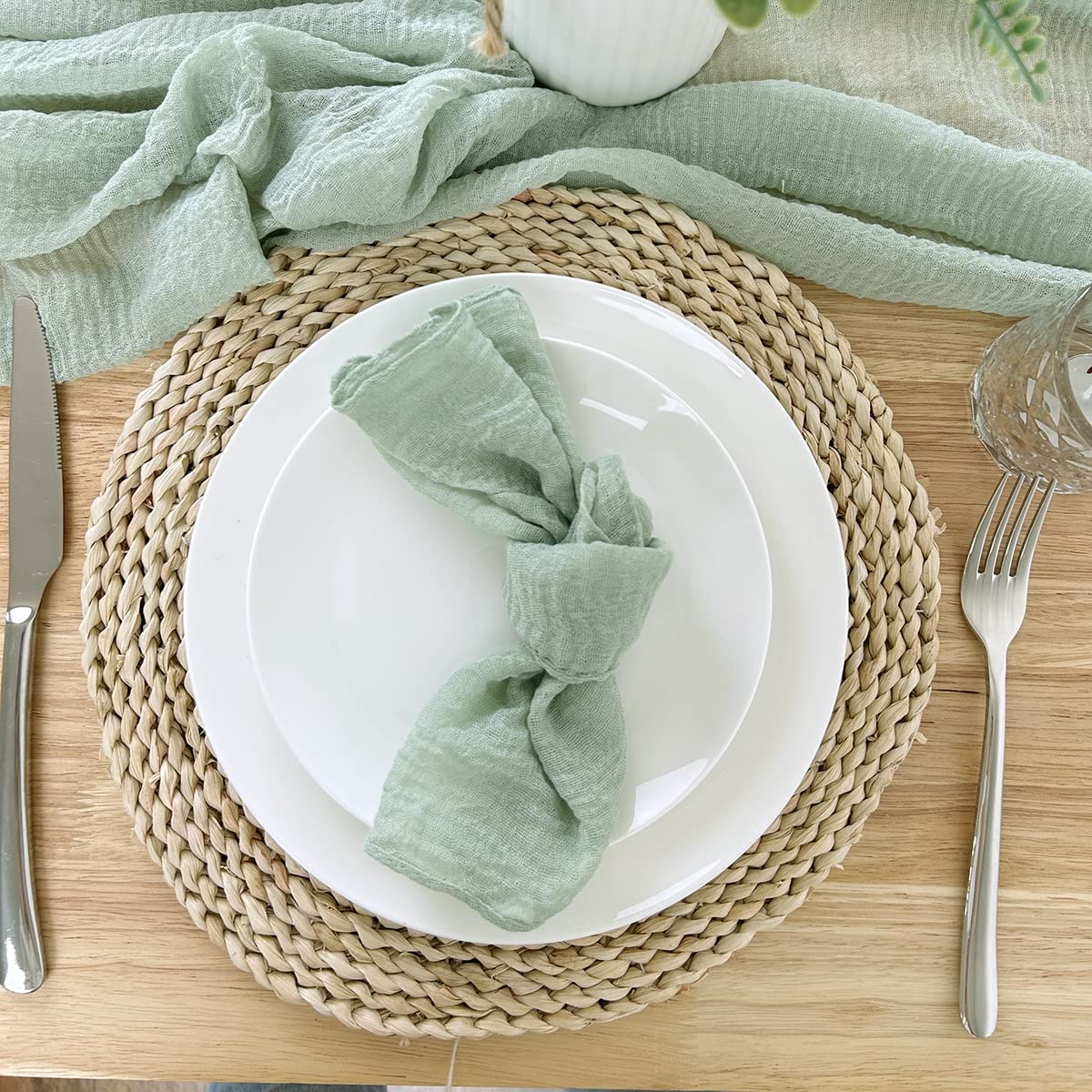 10 Uds 300 * 90CM Gasa rústica estopilla Verde Salvia Camino de Mesa Mantel Bohemio para Boda Nupcial decoración para Fiesta de Bienvenida de bebé Fiesta de cumpleaños