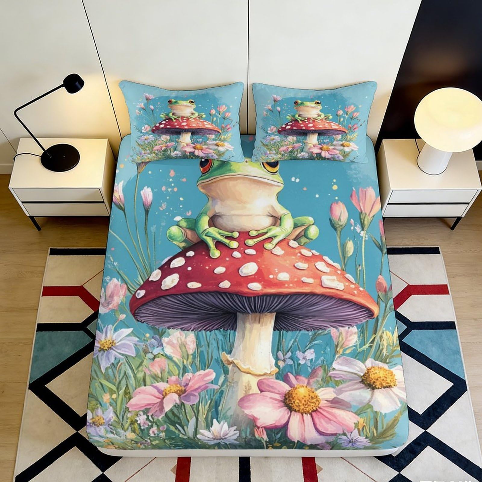 3D Printed Mushroom Frog Fitted Sheet Microfiber Deep Pocket Elastic Hem Bedroom Bedding Mushroom Frog Mattress Fitted Cover Washable 90x200x25cm