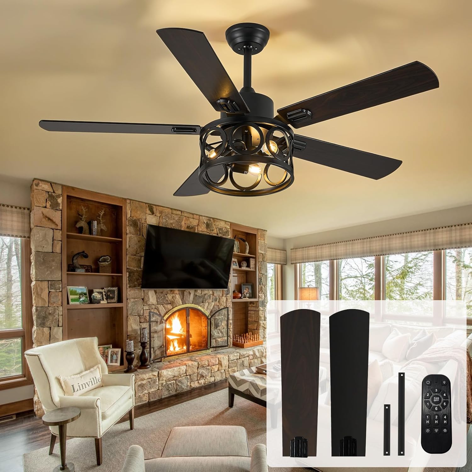 42 Inch Farmhouse Ceiling Fans with Lights, 5 Wooden Blades, Dimmable, Timer, 6 Remote Control, Quiet and Reversible DC Motor, Rustic Caged Ceiling Fan for Patio, Bedroom Living Room, Black A-42 Inches