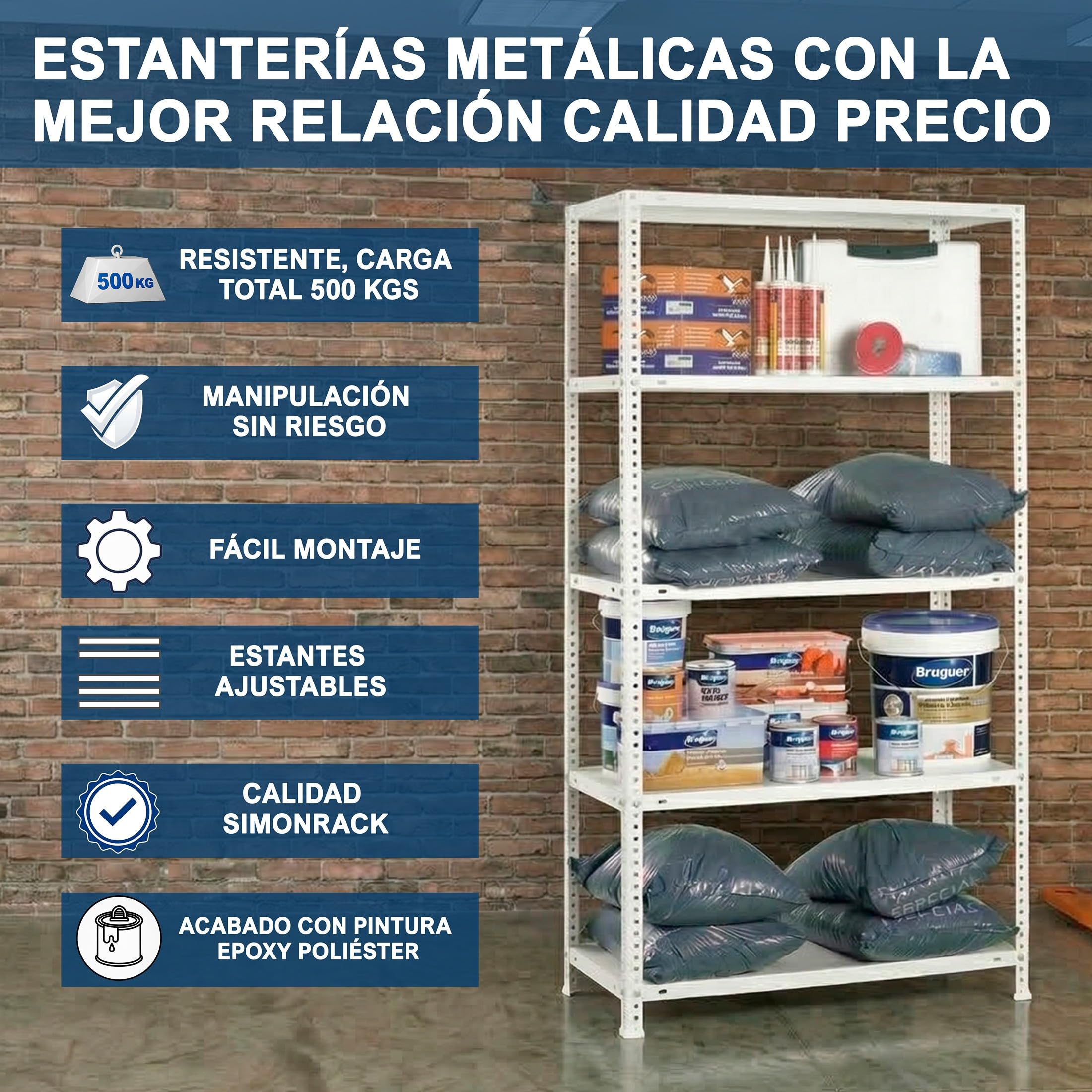 Simon Rack Estanterias Metalicas 1800x900x300 mm, 5 Baldas Metalica, 100 kg de Punto Flexión, Estanterias Almacenaje, Blanca - Comfort