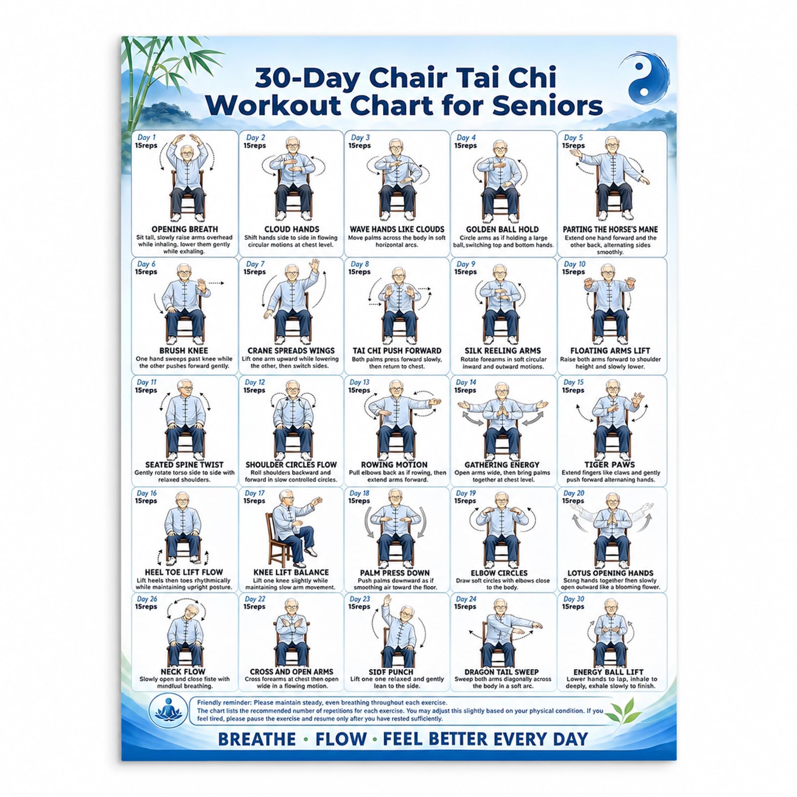 Silkapra 30-Day Chair Yoga for Seniors Tai Chi Chair Workout Chart