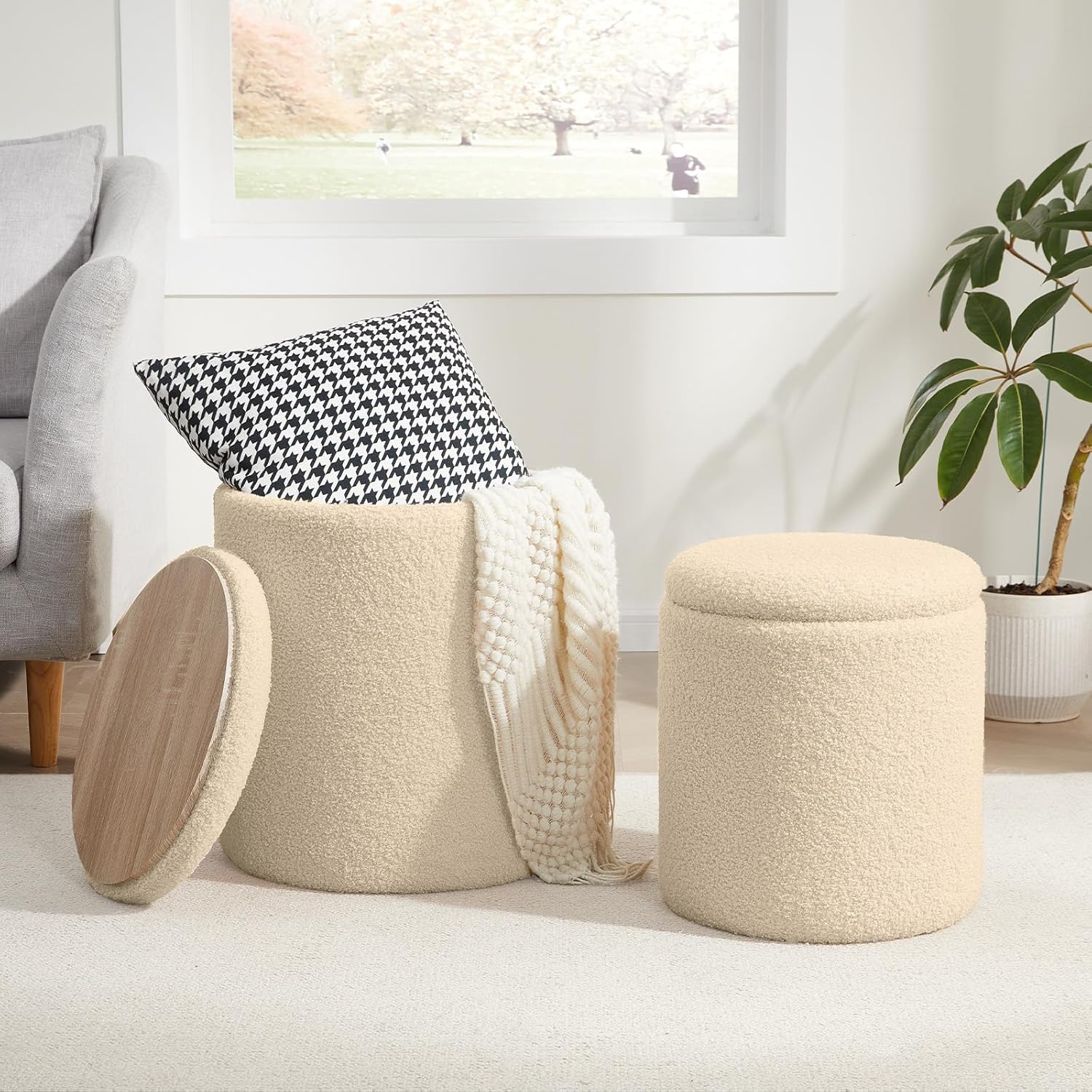 Boucle Round Ottoman with Storage Set of 2,Small Foot Stool Ottoman for Living Room, Small Coffee Table,Vanity Stool with Storage for Bedroom, Beige