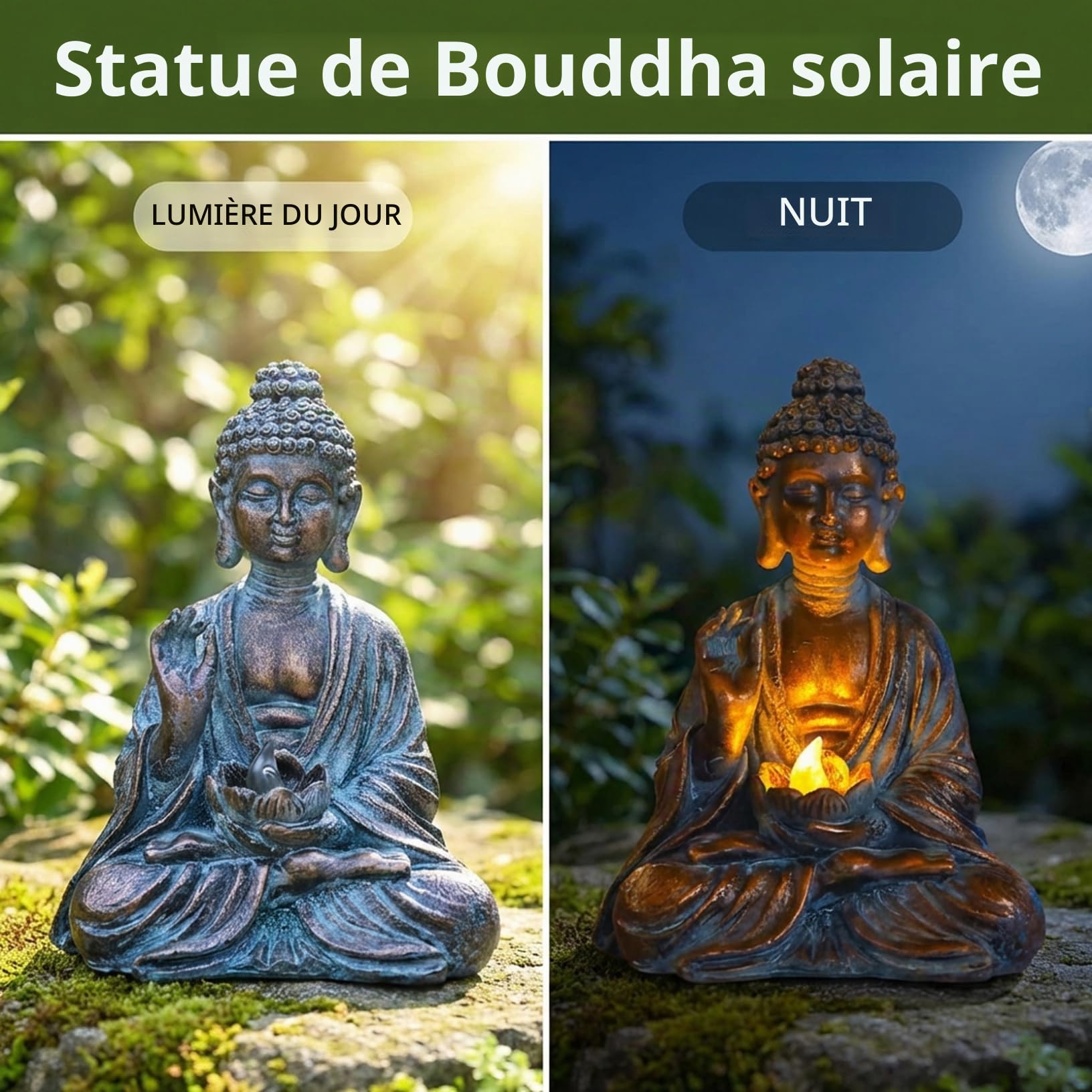 Statue de Bouddha d'extérieur, décoration de Bouddha Solaire avec lumière LED Lotus, Statue Jardin en résine étanche pour Jardin, Maison, Patio, pelouse 15 x 10, 9 x 19, 7 cm
