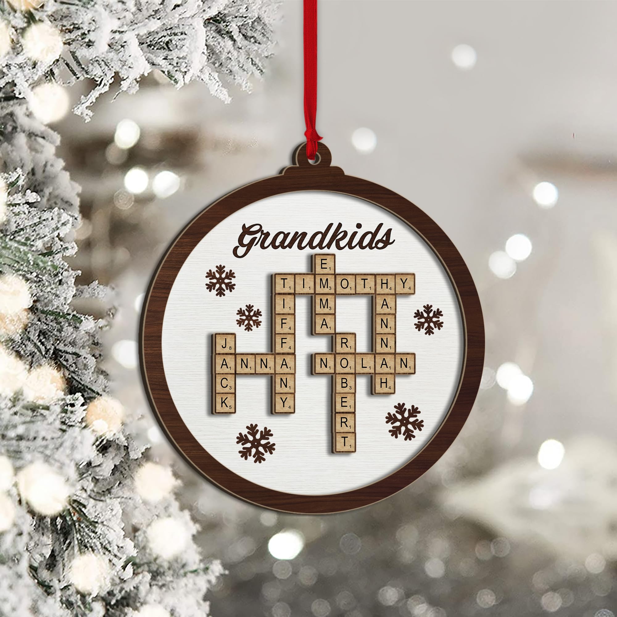 Personalized Name Grandkids Crossword Puzzle Art 2-Layer Wooden Ornament, Scrabble Christmas Ornaments for Grandma, Gift for Mom, Grandkids