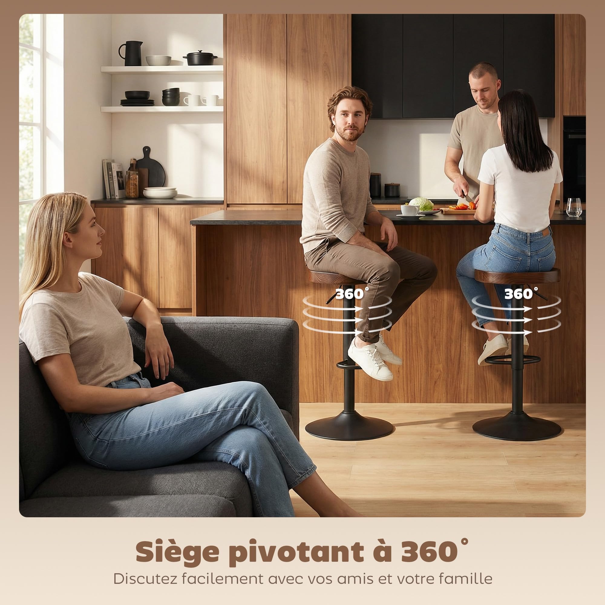 HOMCOM Lot de 2 tabourets de Bar, chaises de Bar Hauteur réglable avec siège en Bois d'orme, Repose-Pieds, pivotant 360°, Style Moderne, tabourets Hauts pour Cuisine, Salon, Marron foncé