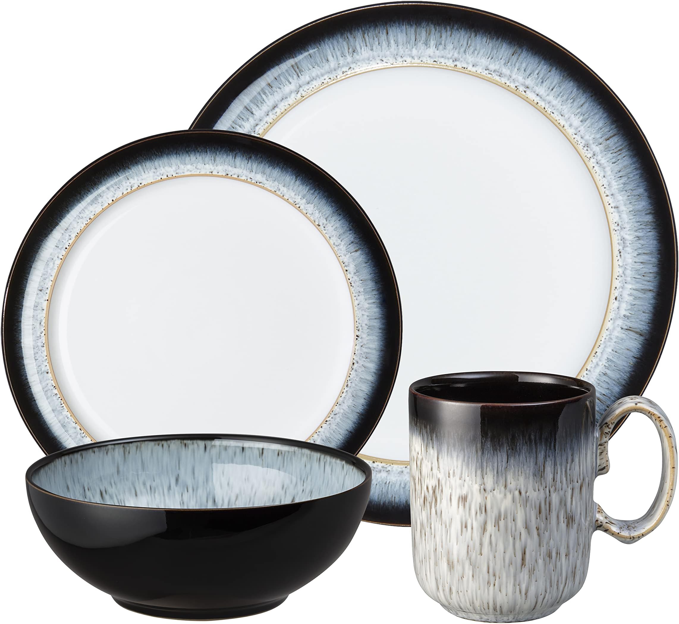 Denby - Halo Dinner Set for 4-16 Piece Tableware - Dishwasher Microwave Safe Stoneware Crockery - Reactive Glaze Black, Grey Colour - Set of 4 Dinner Plates, Small Plates, Cereal Bowls, Coffee Mugs