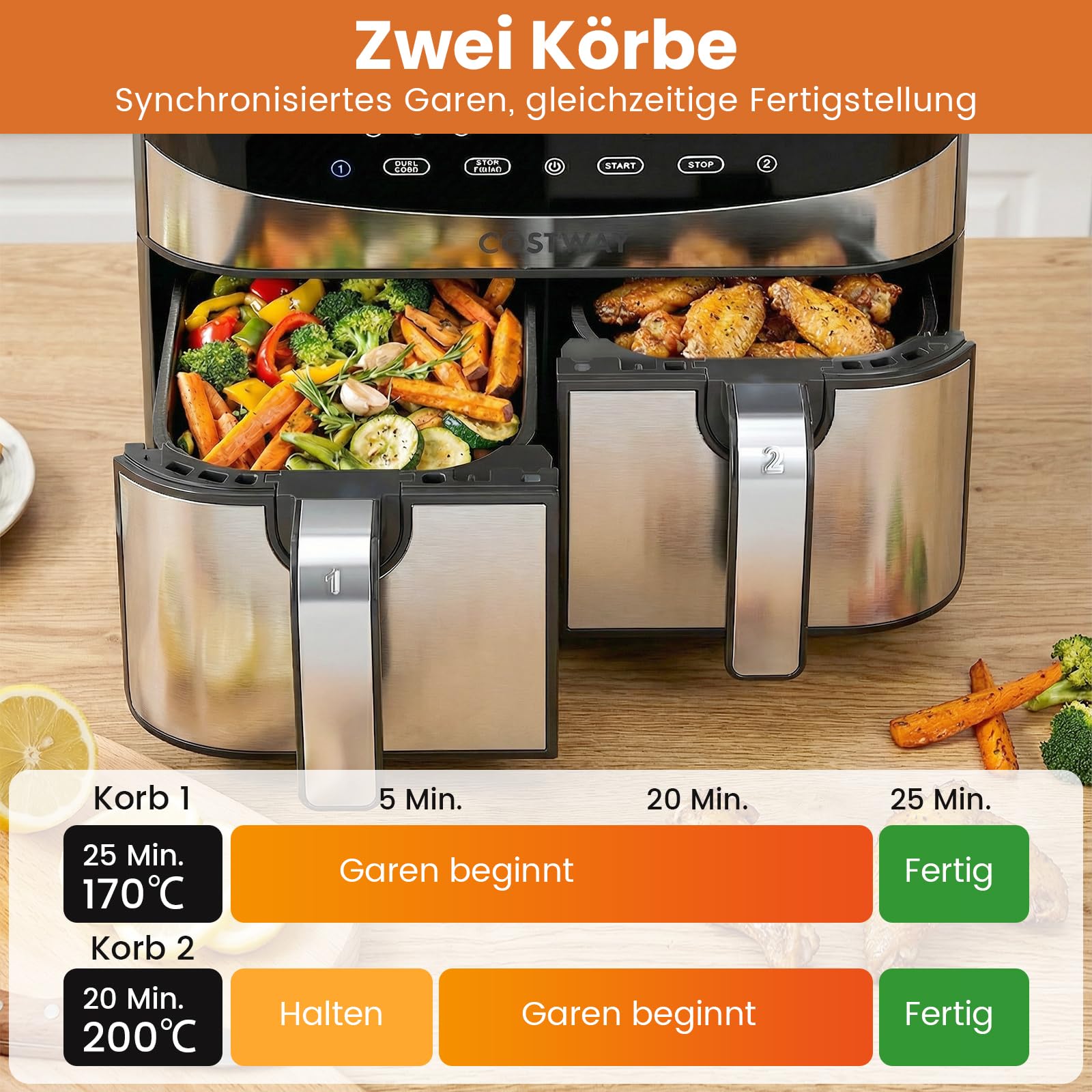 COSTWAY Frytkownica na gorące powietrze, 2 komory, 8,5 l z okienkiem, wykończenie Sync Cook & Match Finish, cyfrowy ekran dotykowy i gorące powietrze 360°, 2100 W, nadaje się do mycia w zmywarce