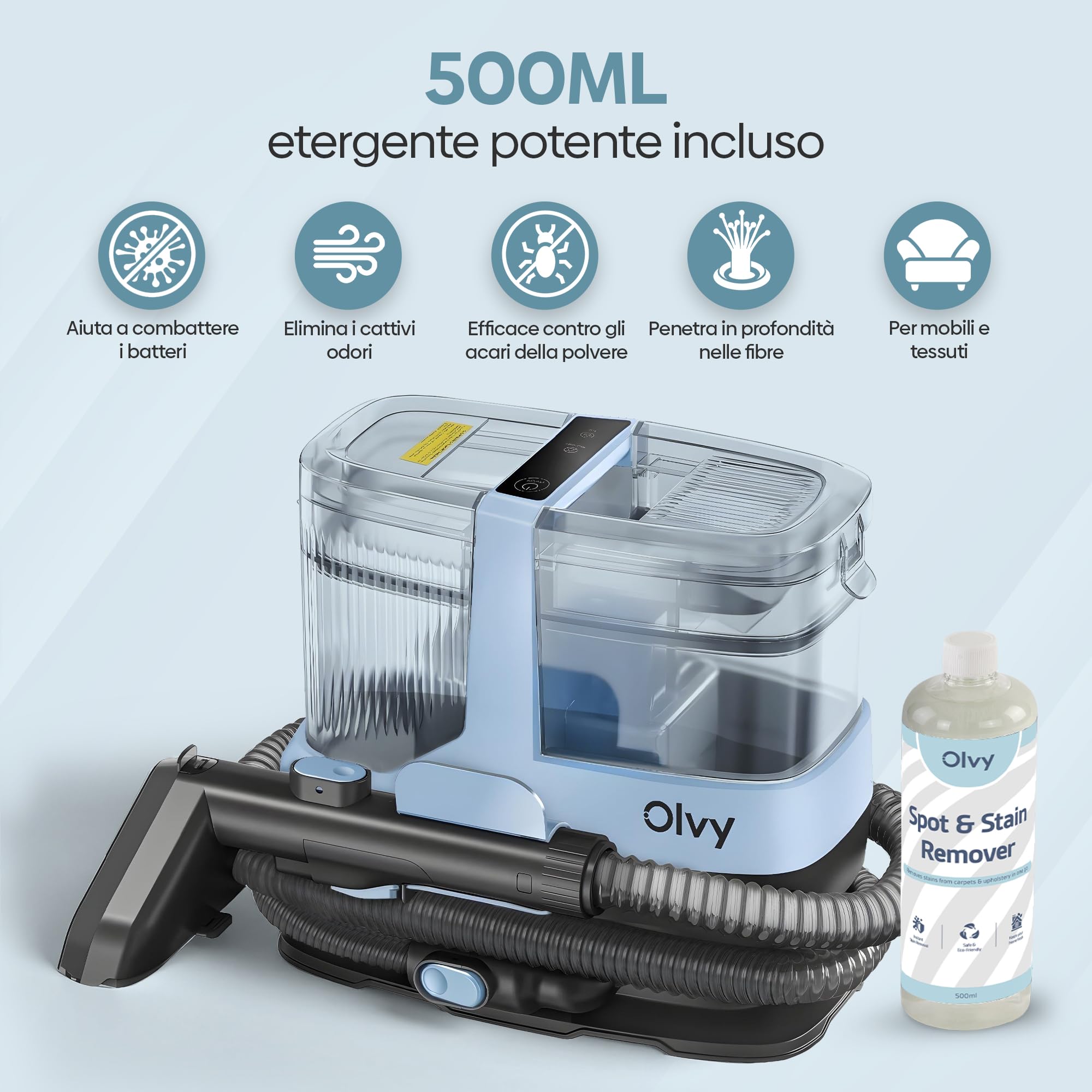 Olvy Pulitore Tappeti 2.0 – Potente Rimuovi Macchie 17.000 PA con Tubo 1,6m, Cavo 4m, Funzione Autopulente & 500ml Soluzione Pulente – Tappeto, Divano, Materasso & Auto