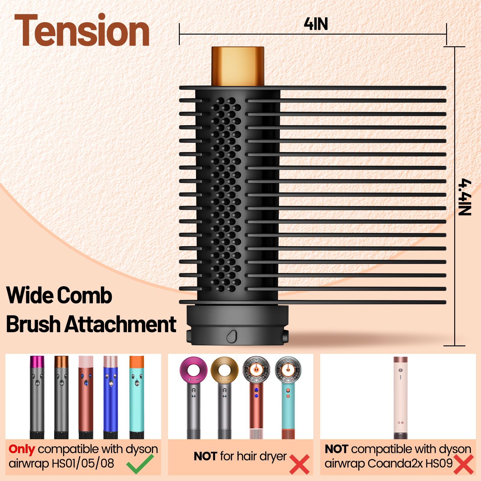 Peigne de tension à dents larges pour Dyson Airwrap HS01 HS05 HA08, poils latéraux rotatifs pour ajouter une tension supplémentaire à l'accès profond des racines avec flux d'air de précision