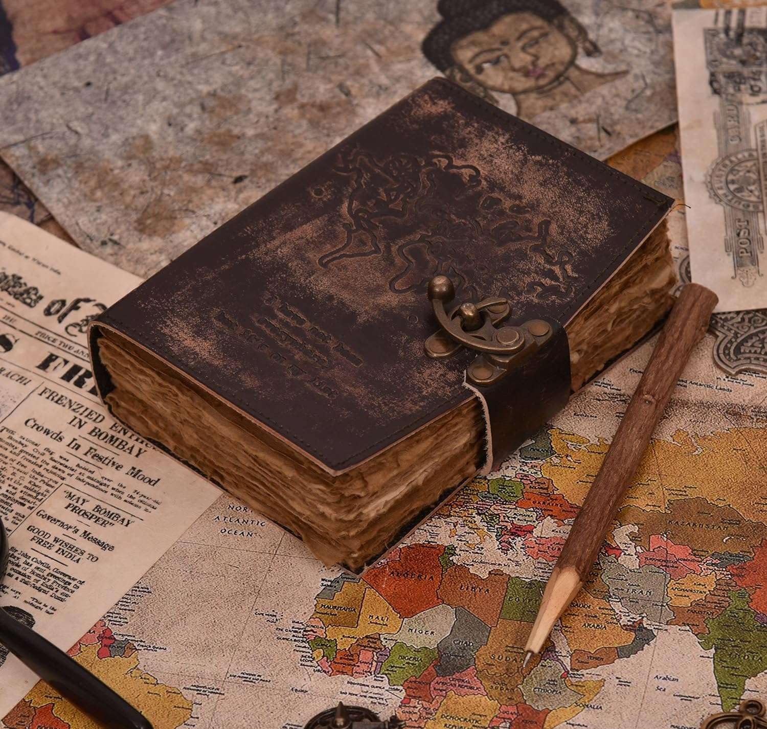 Ecraftworld Genuine Leather Diary | Vintage Handmade Leather Journal | Premium Antique LOCK Closure | 200 Handmade Deckle Edge Antique Pages -1