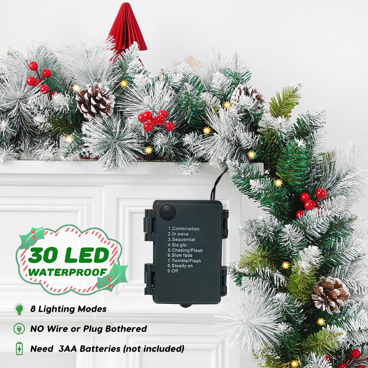 KOMFOTTEU Ghirlanda di Natale con 50 luci a LED, ghirlanda di