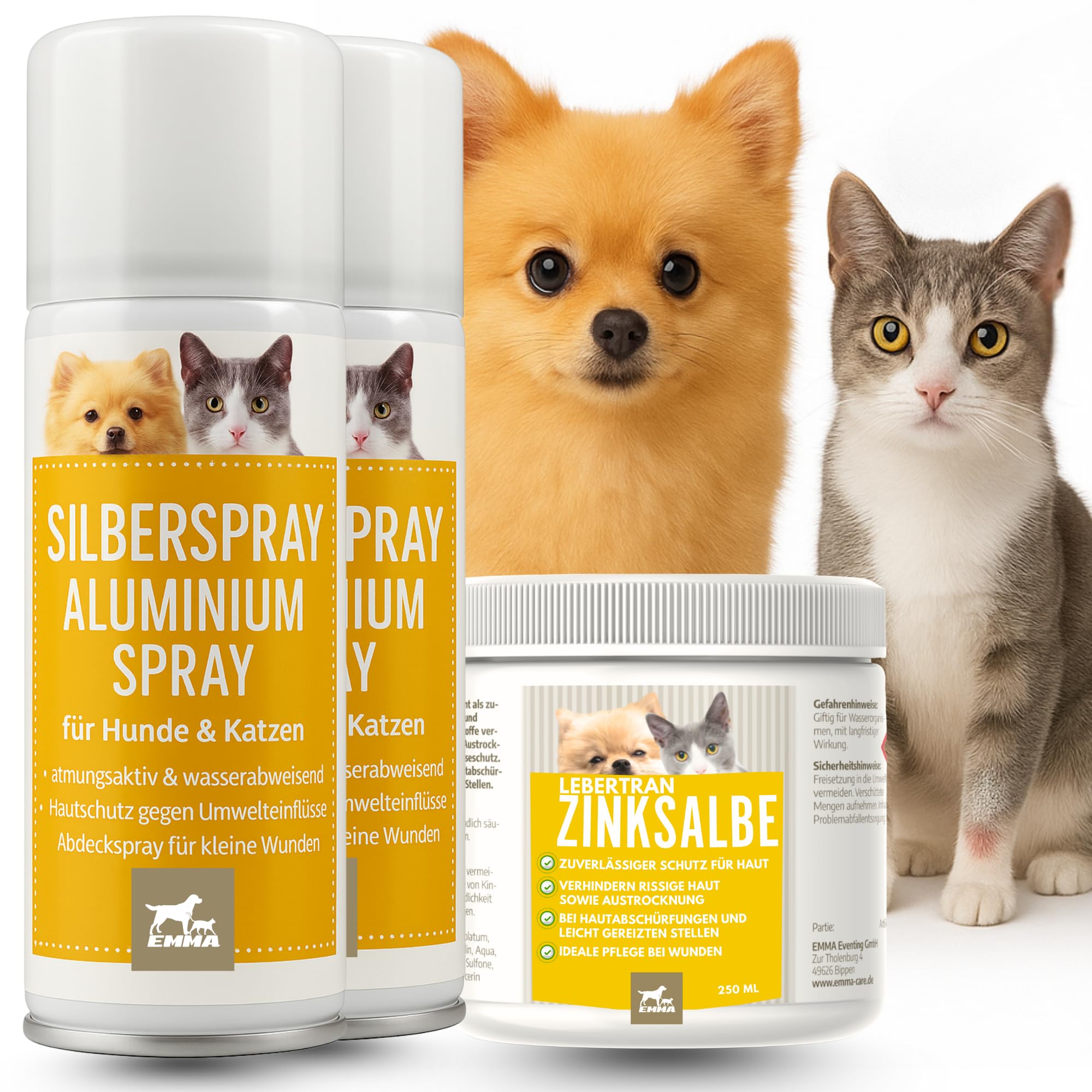 EMMA Erste-Hilfe-Set: 2×100 ml Silberspray + 250 ml Zinksalbe | Haut- und Pfotenpflege für Hund, Katze & Pferd – Sprühschutz plus Lebertran-Zinksalbe