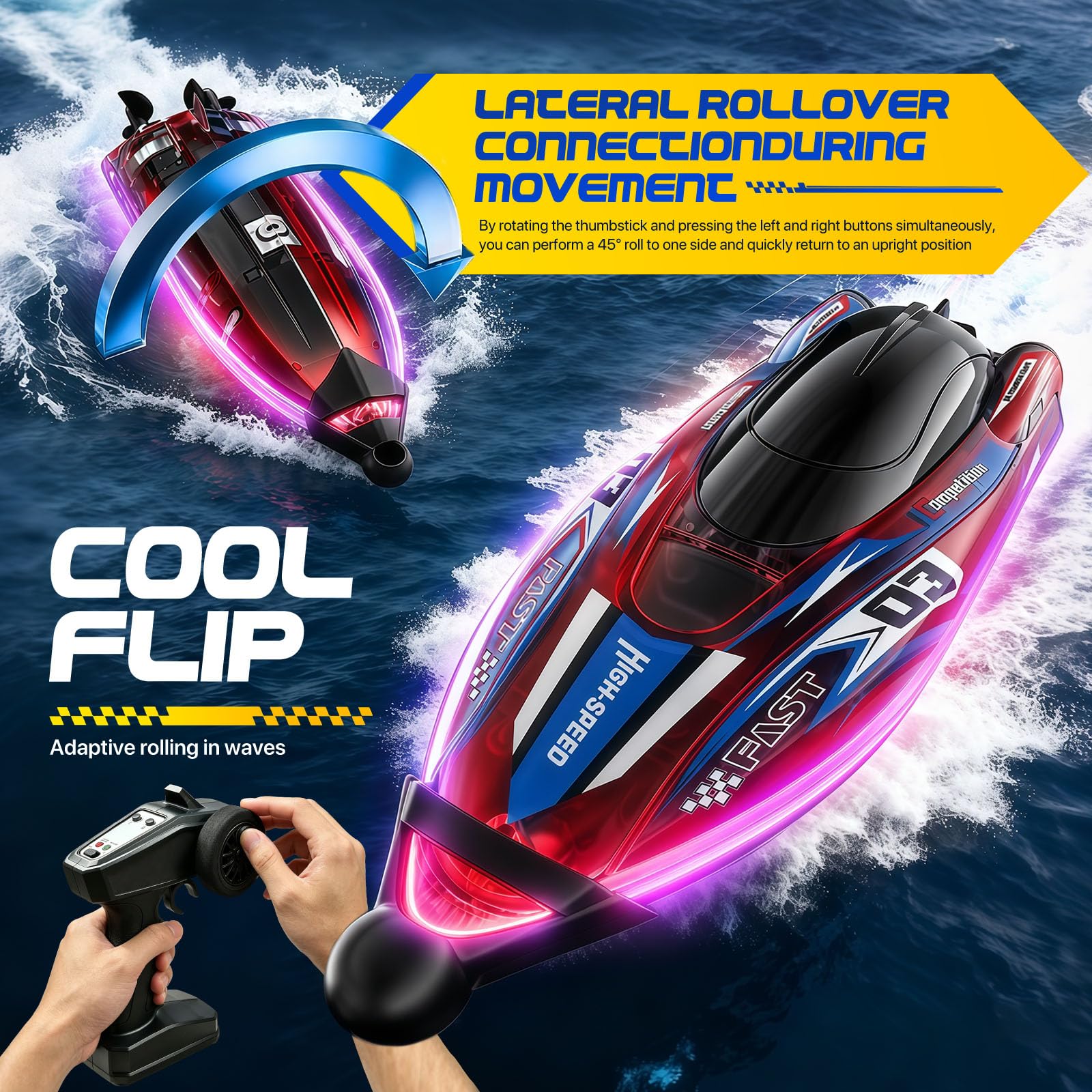 Barco Control Remoto Velocidad 25 Km/H, Receta Automática De 360°,Barco Rc Luces Led, Resistente A Golpes Y Resistente A La Impermeabilización, Radiocontrolado 2,4 Ghz, Juguete Acuático Ideal Para
