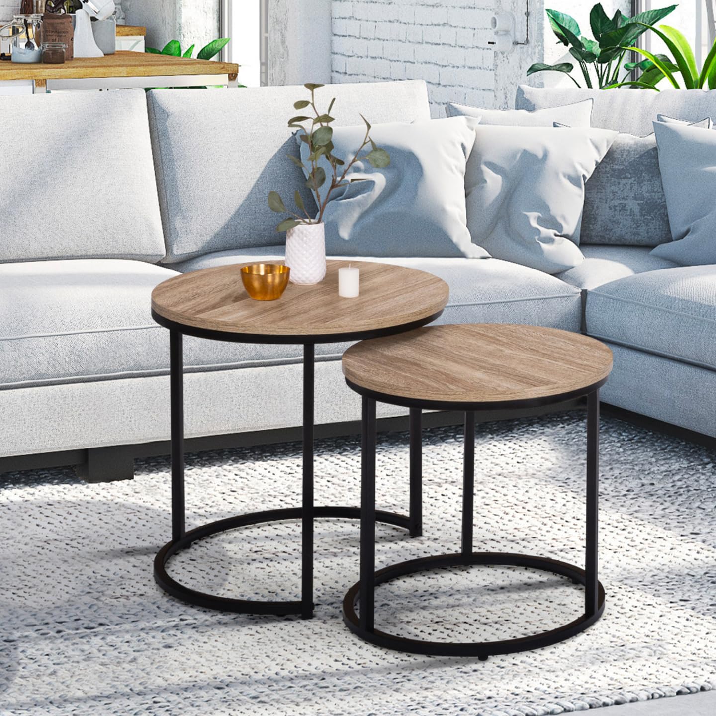 IDMarket - DETROIT Tavolino Da Caffè Rotondo 70 Cm Con Doppio Piano In Legno E Metallo, Stile Industriale
