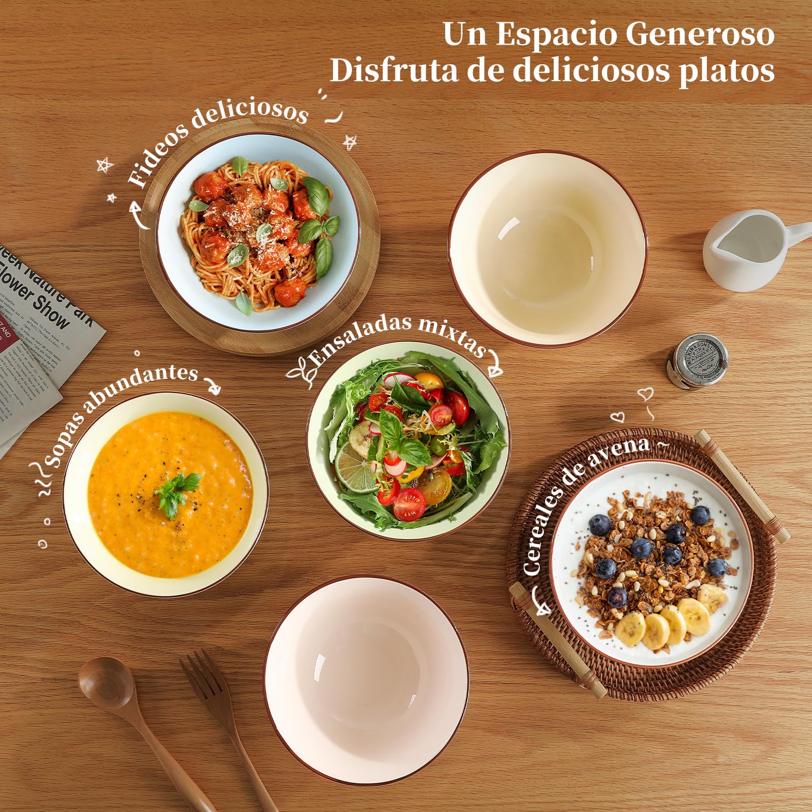 Cuencos Desayuno Bol Cereales Ceramica - Juego de 6 Cuencos Sopa Colores - Set de Tazones Desayuno Porcelana - Cuencos Cocina para Servir Arroz | Ensalada | Gazpacho | Consomé - 16 x 7,5 cm - 680 ml