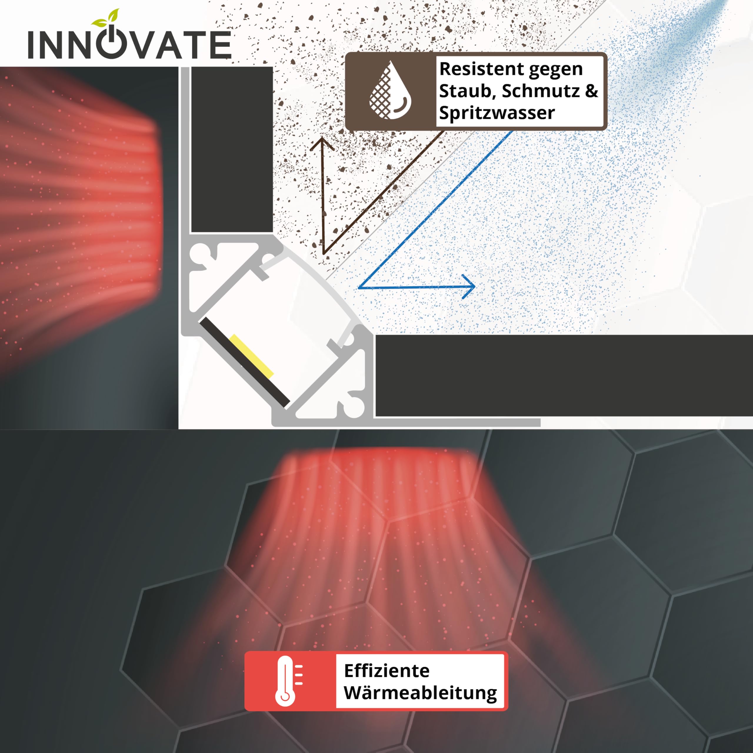 INNOVATE LED Fliesenprofil mit Diffusor [Inneneckprofil 2m Silber-Milchig] Fliesenschiene Dusche LED Streifen 2m I Kantenschutz Fliesen Küche I Indirekte Beleuchtung Badezimmer Duschnische