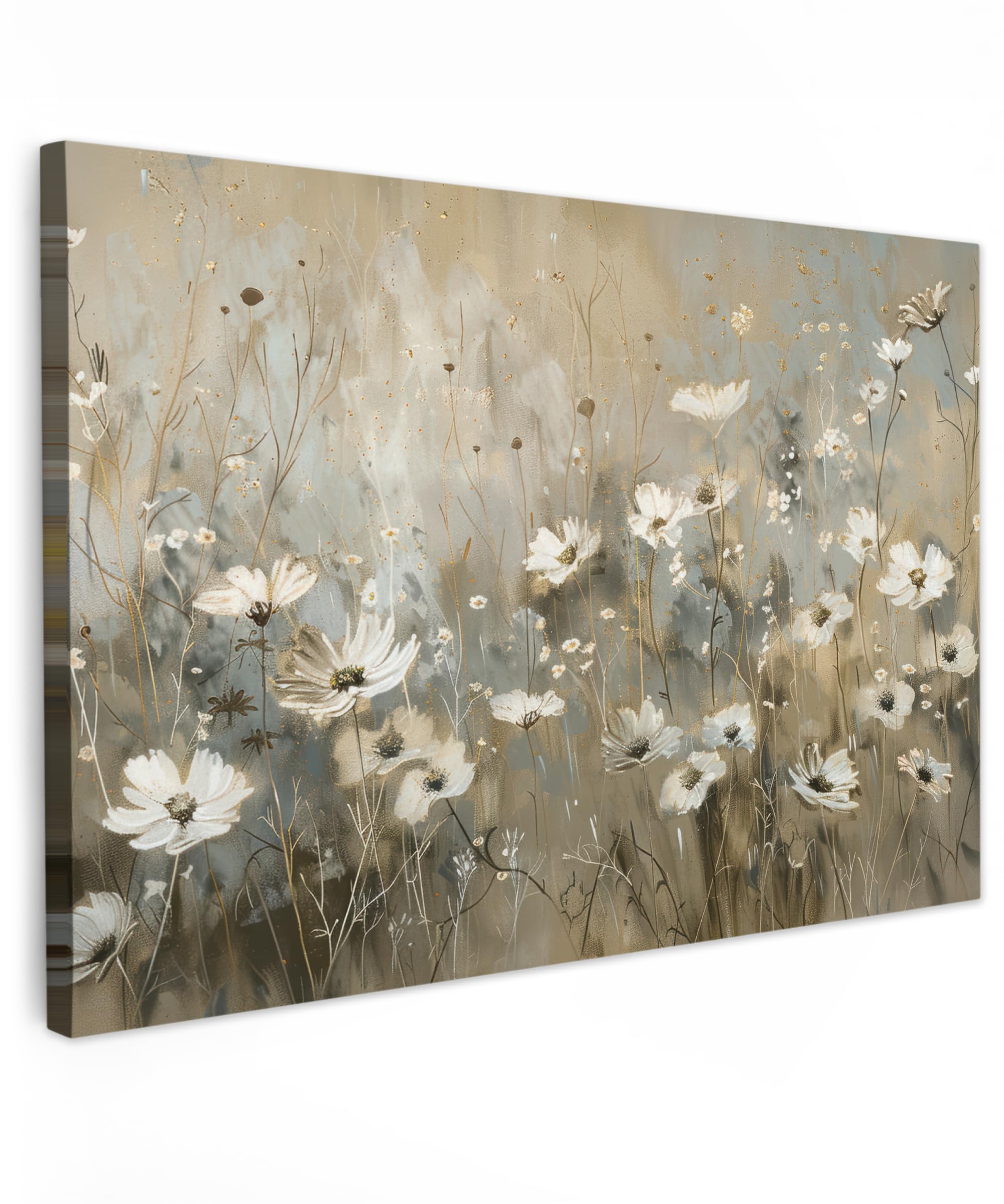 MuchoWow© Canvas Wall Art 24"x16" / 60x40 cm Decor Paintings Print framed on Canvas Pictures for Hallway Flowers - White - Nature - Gray - Modern — image 1