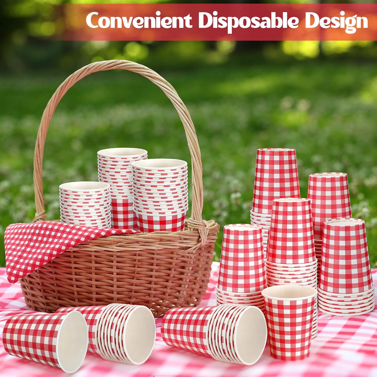 Jingmore 100 Count Gingham Party Paper Cups 9 oz Plaid Disposable Hot/cold Beverage Drinking Cups for Picnic BBQ Birthday Party Supplies Decorations(Red and White Gingham)