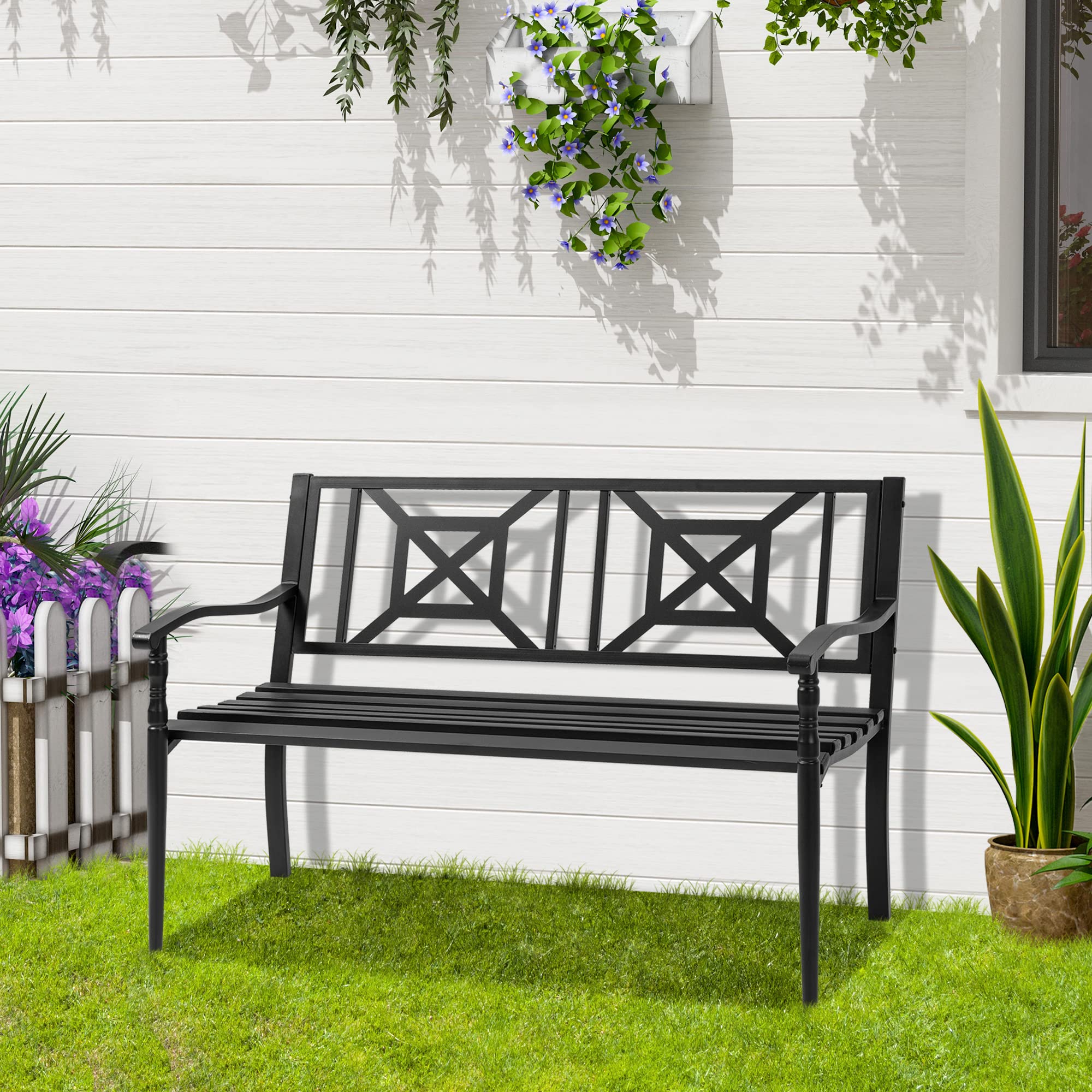 Outsunny Panchina da Esterno in Acciaio, Panchina da Giardino 2 Posti con Schienale Alto e Braccioli, Resistente alla Ruggine, 128x62.5x81.5 cm, Nero