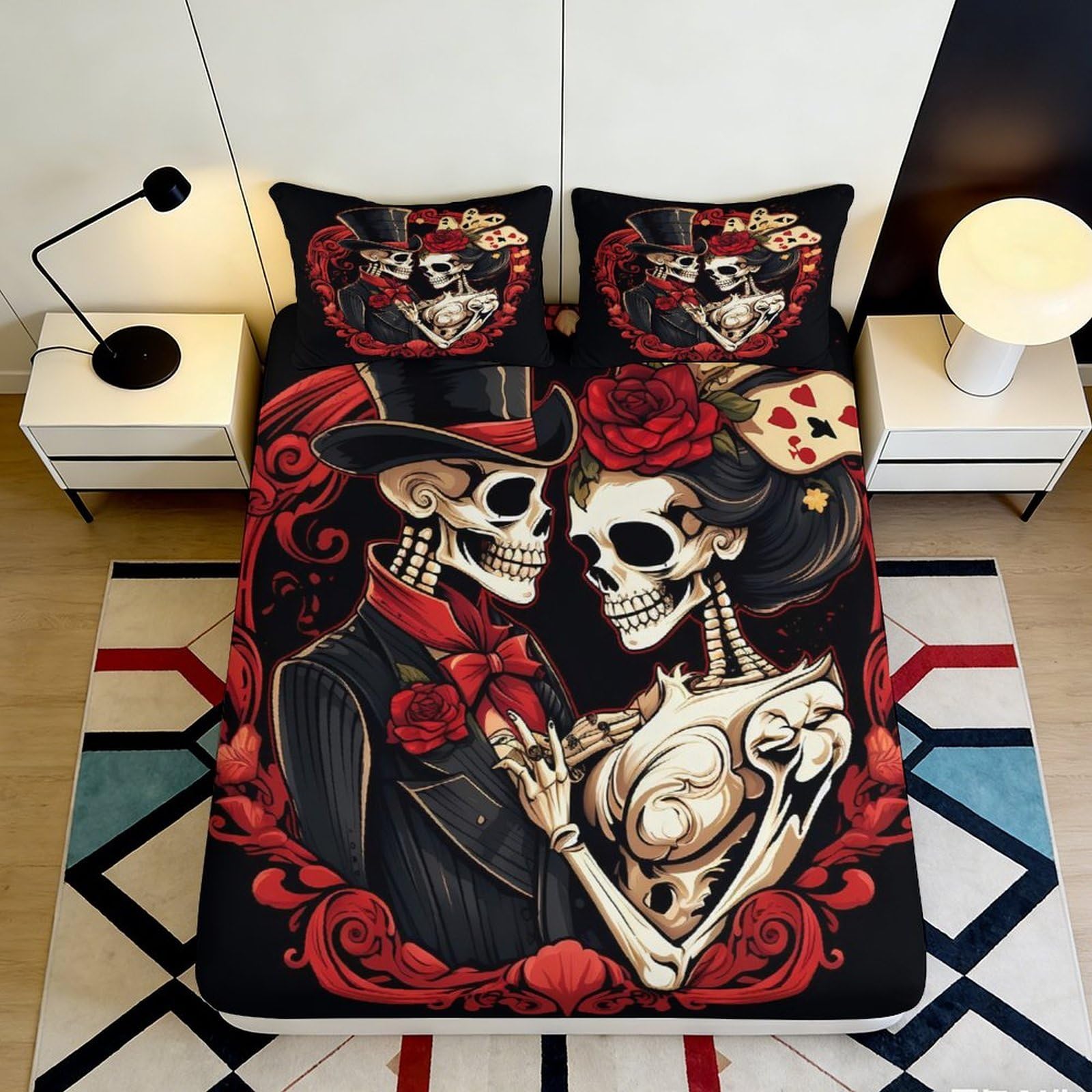 Dhbaneiok Style-2 3D Printed Gothic Skeleton Lovers Fitted Sheet Microfiber Red Black Mattress Cover Bedroom Decor Dorm Use 90X200x25cm