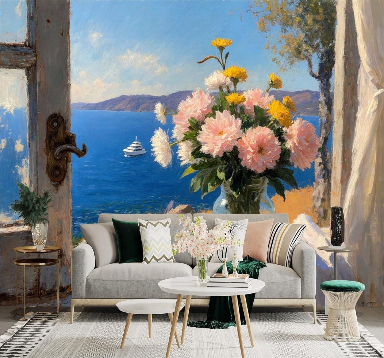 XLMING Beautiful Seascape Glass Vase Flower Arrangement Yacht Outside The Window 3D Wallpaper Premium Textured Silk Study Dining Living Room Bedroom Sofa TV Wall Easy Install-300cm×210cm