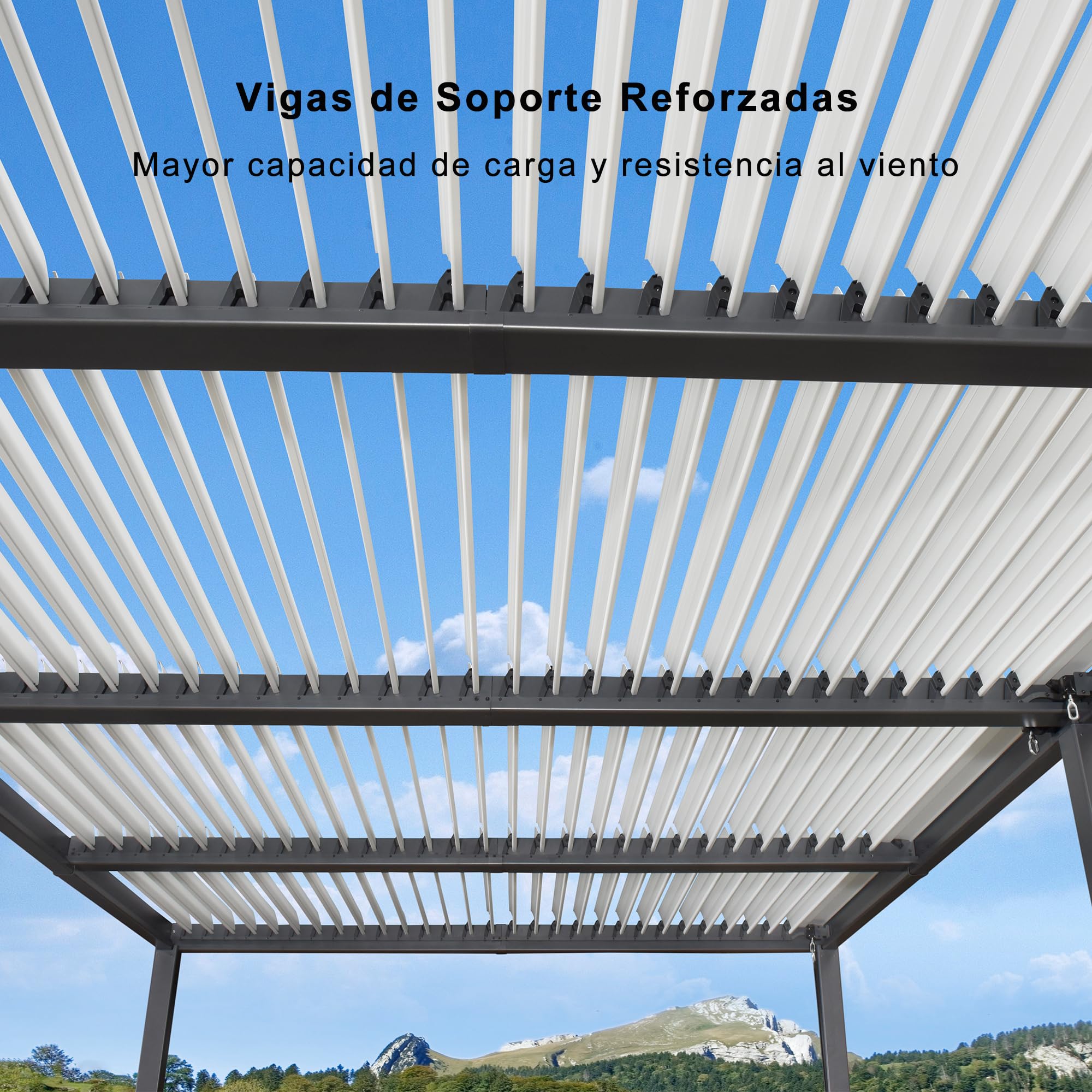 PURPLR Leaf Pergola Bioclimatica 6.35 x 3.5 m Pergolas de Jardin con Lamas Grises Orientables, Pergolas de Aluminio con Postes Blancos para Terraza de Jardín de Estilo Contemporáneo