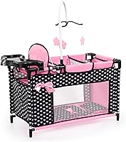 BayerDesign Multi-Bed for 18" Dolls - Black Pink Hearts, Built-in High Chair, Storage, 3 Hangers, Pillow, Blanket - Ages 3+