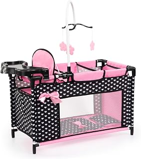 BayerDesign Multi-Bed for 18" Dolls - Black Pink Hearts, Built-in High Chair, Storage, 3 Hangers, Pillow, Blanket - Ages 3+