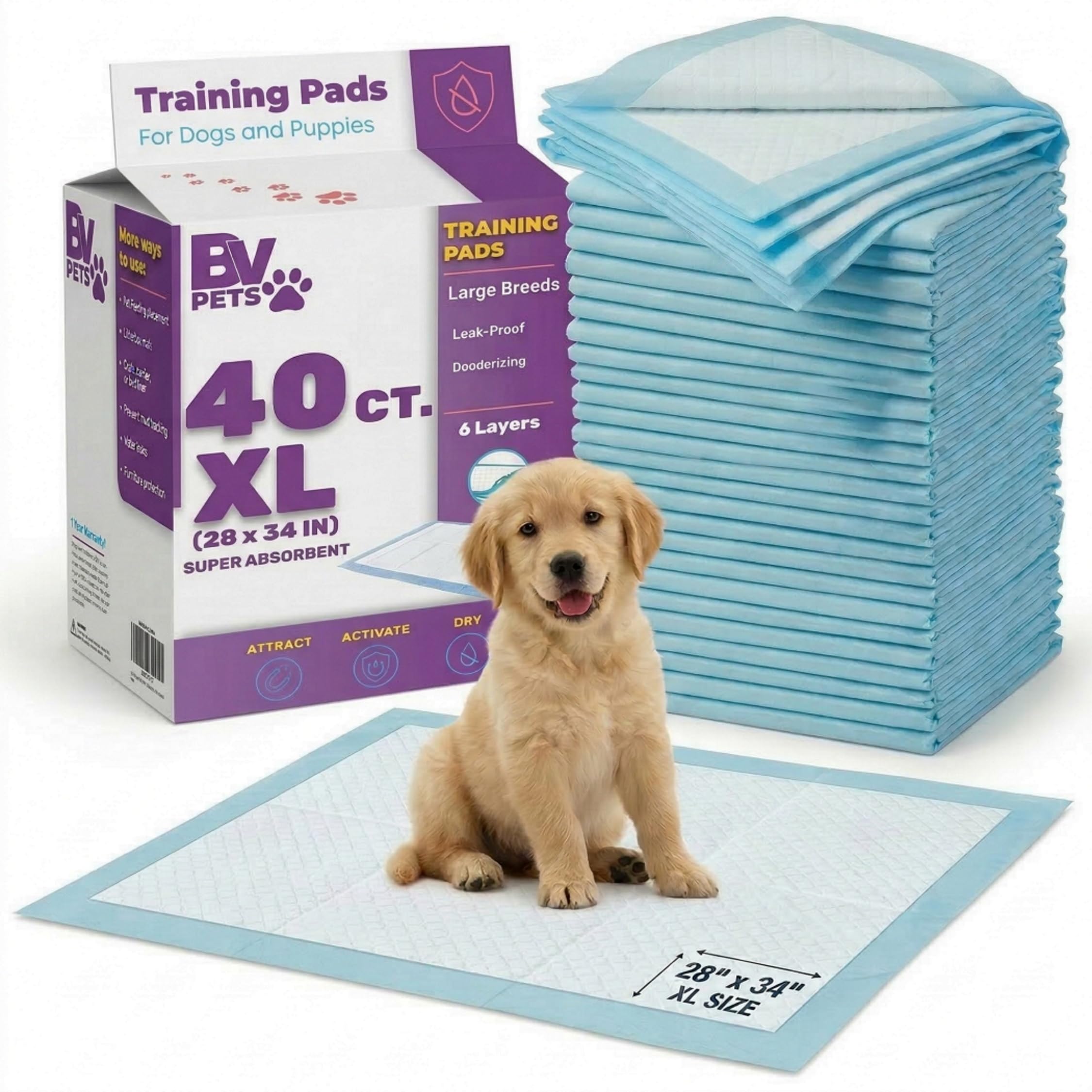 Photo 1 of BV Puppy Pads XL 40 Count 34"x28" - Leak-Proof Pee Pads for Dogs with 6-Layer Design, Rapid Dry Sheet & Attractant - Dog Pad Extra Large with Odor Control - Perfect for Big Dogs & Indoor Use