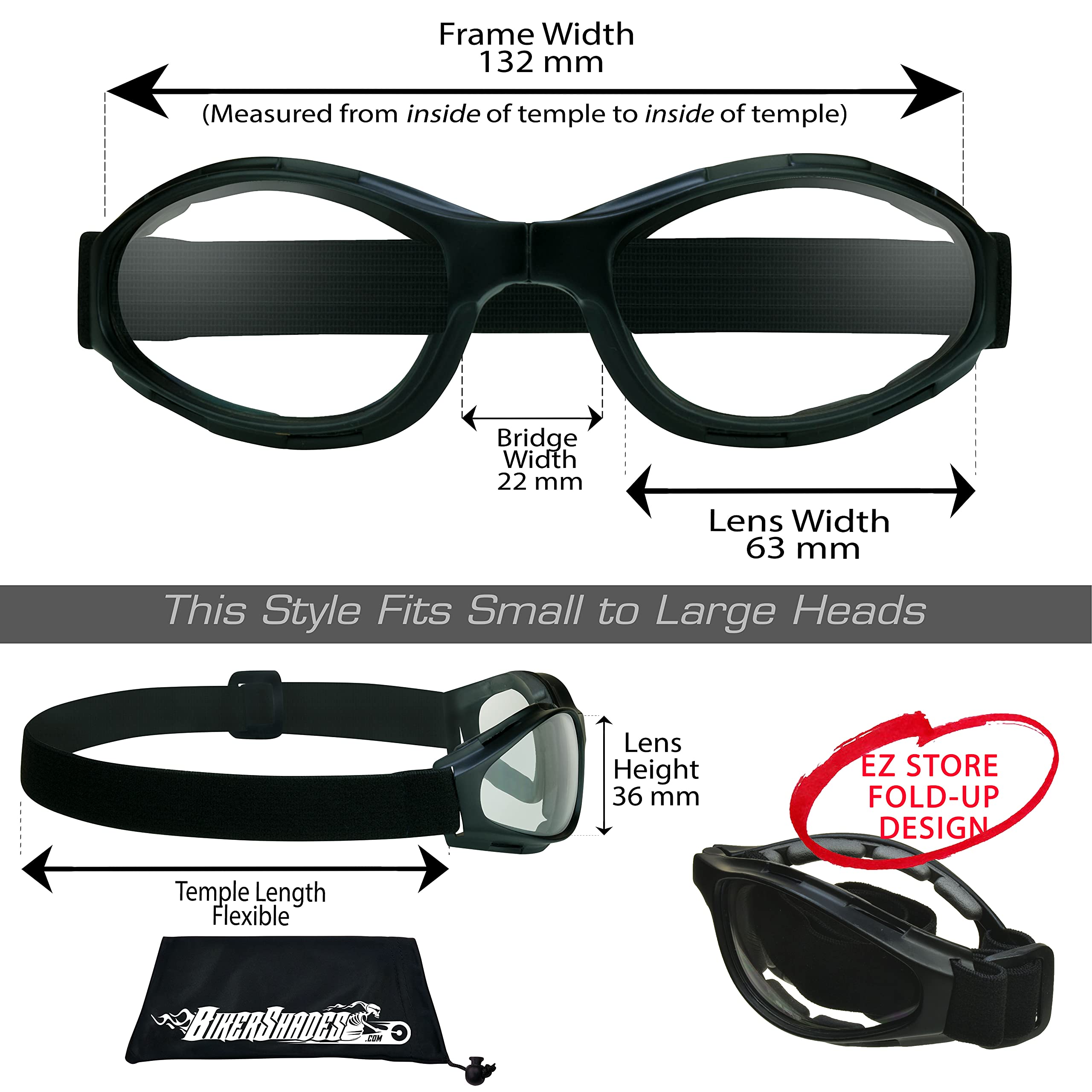 Bikershades Motorcycle Folding Goggles Men Women - Smoke, Clear or Yellow Lenses (Bumblebee - Clear)