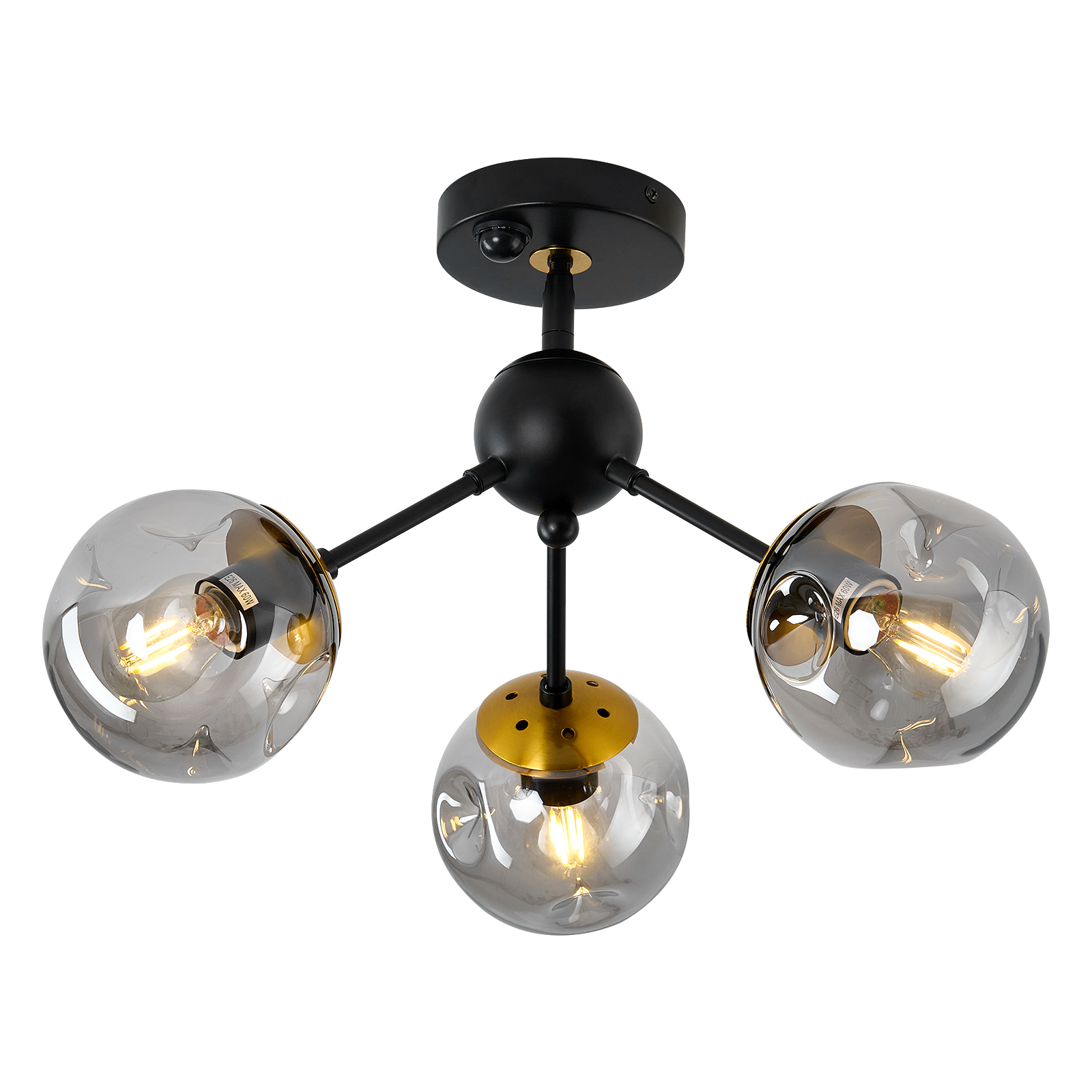 Image of Motion Sensor Light Indoor 3-Light Vintage Semi Flush Mount Ceiling Light Fixture with Glass Globe Black Chandelier for Closet Hallway Stairway Porch Entryway