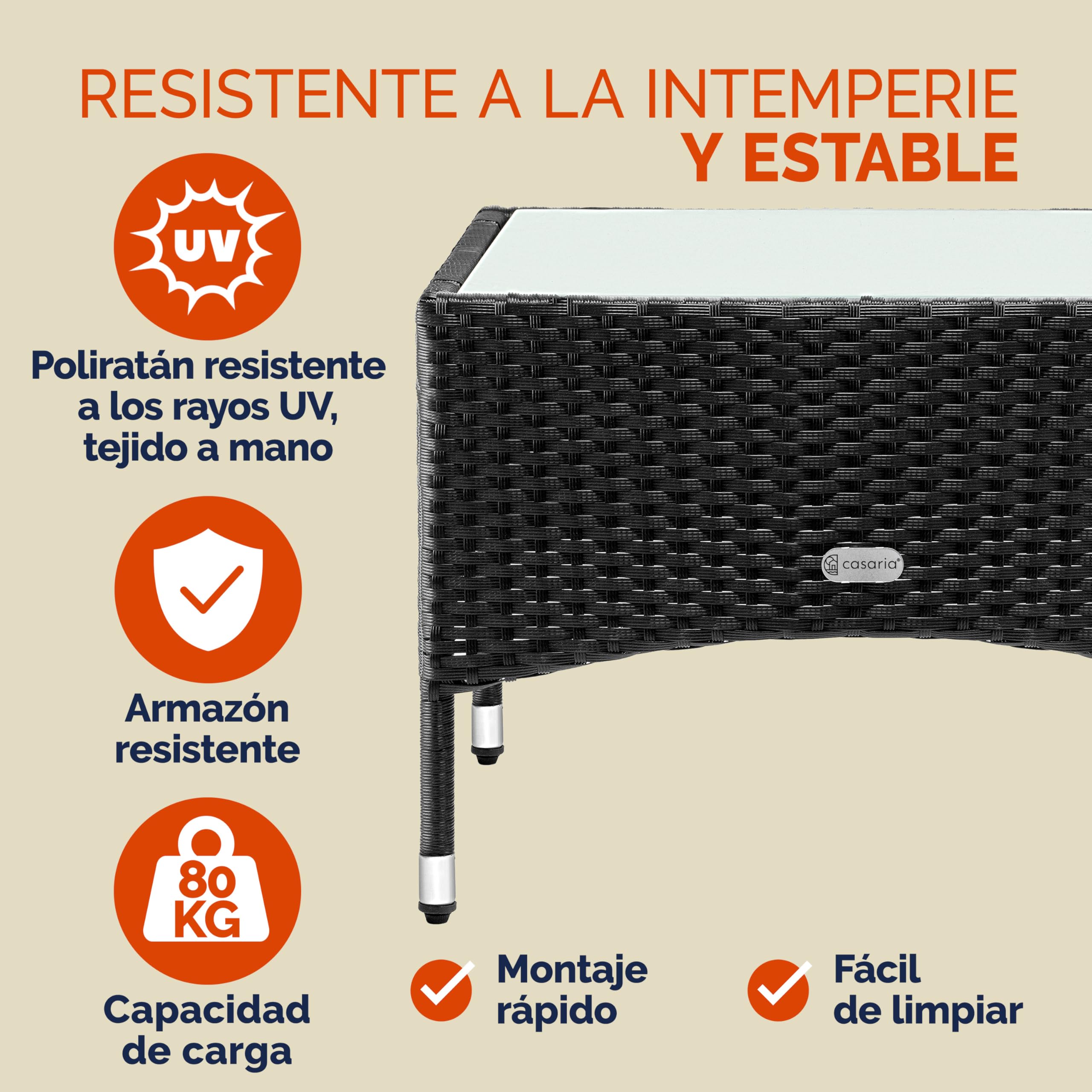 CASARIA® Mesita de Centro Poliratán 58x58x42cm Carga hasta 80Kg Mesa Auxiliar Jardín Ajustable en Altura Tablero Vidrio Resistente Intemperie Negro