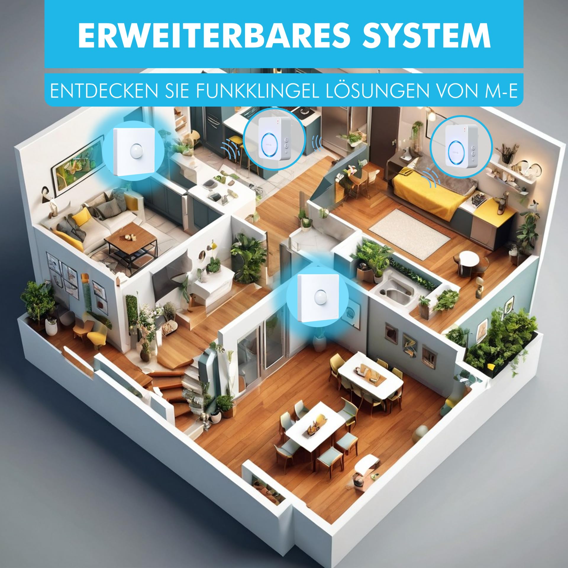 m-e Funk-Bewegungsmelder BELL-5814 | Kabelloser Durchgangsmelder | 2-fache Meldung bei Auslösung – auf Funkempfänger und auf Smartphone Handy App | Funkreichweite 300 Meter