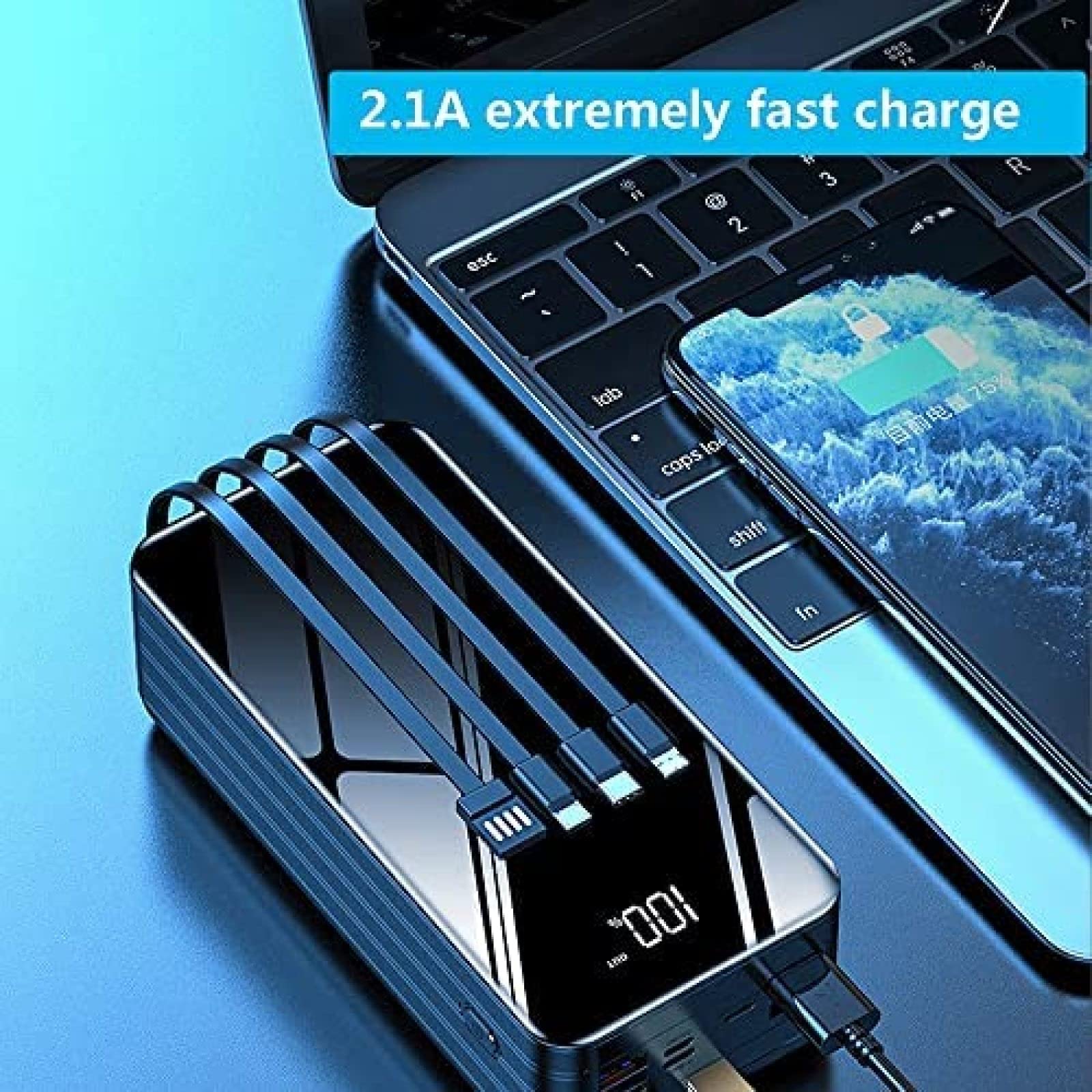 Banco De Energía con Cargador Portátil De 80000 Mah, Batería Externa De Gran Capacidad con 4 Cables Incorporados Y 7 Puertos, Batería De Carga Rápida para Teléfono, Tableta Y Otros,Azul,3000
