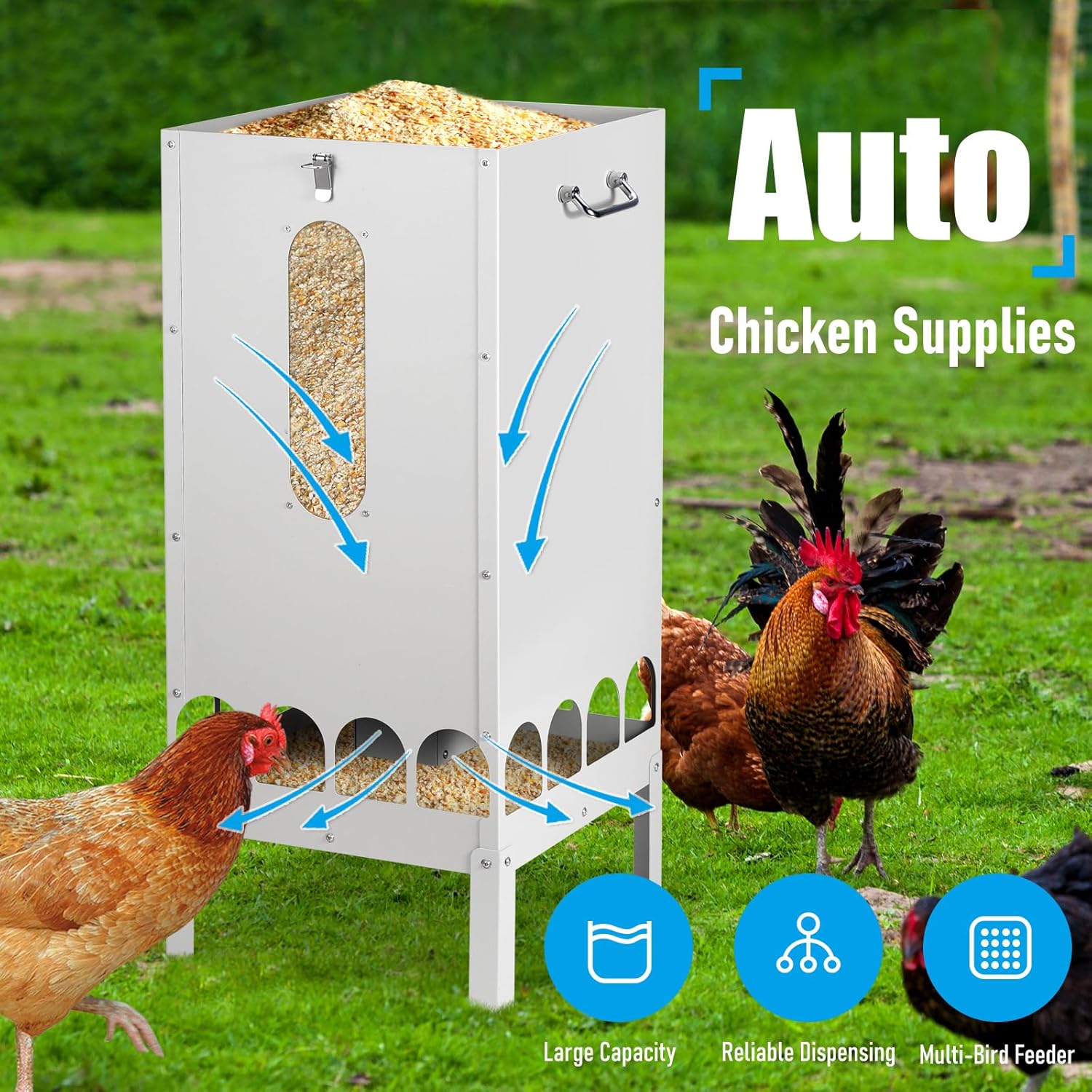 70-80lbs Large Automatic Chicken Feeder with16 Feeding Ports Gravity Poultry Feeder with Viewing Window, No Waste Chicken Feeder for Duck Geese Turkey