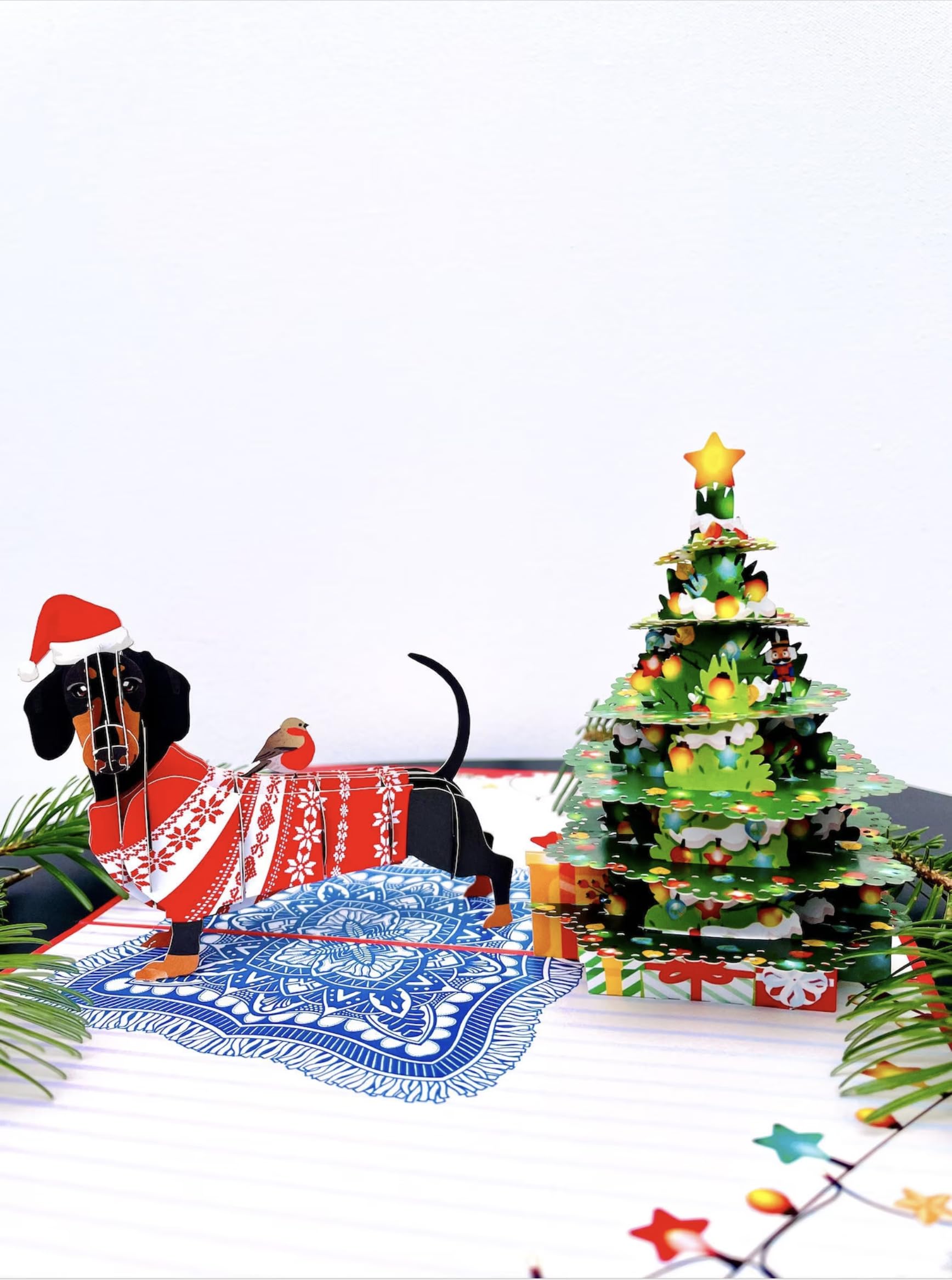 Christmas Dachshund dog 3D Pop Up card.A Delightful and fun holiday surprise greeting card gift for kids friends