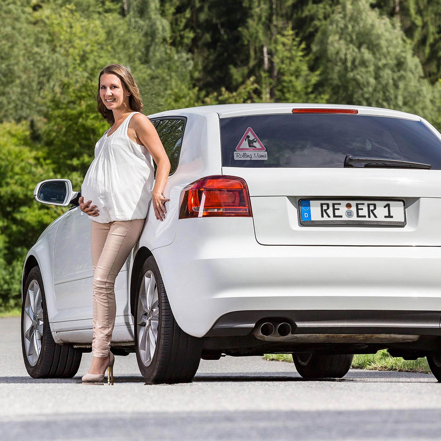 reer 88014 MommyLine tabliczka samochodowa dla kobiet w ciąży "Rolling Mama", różowa