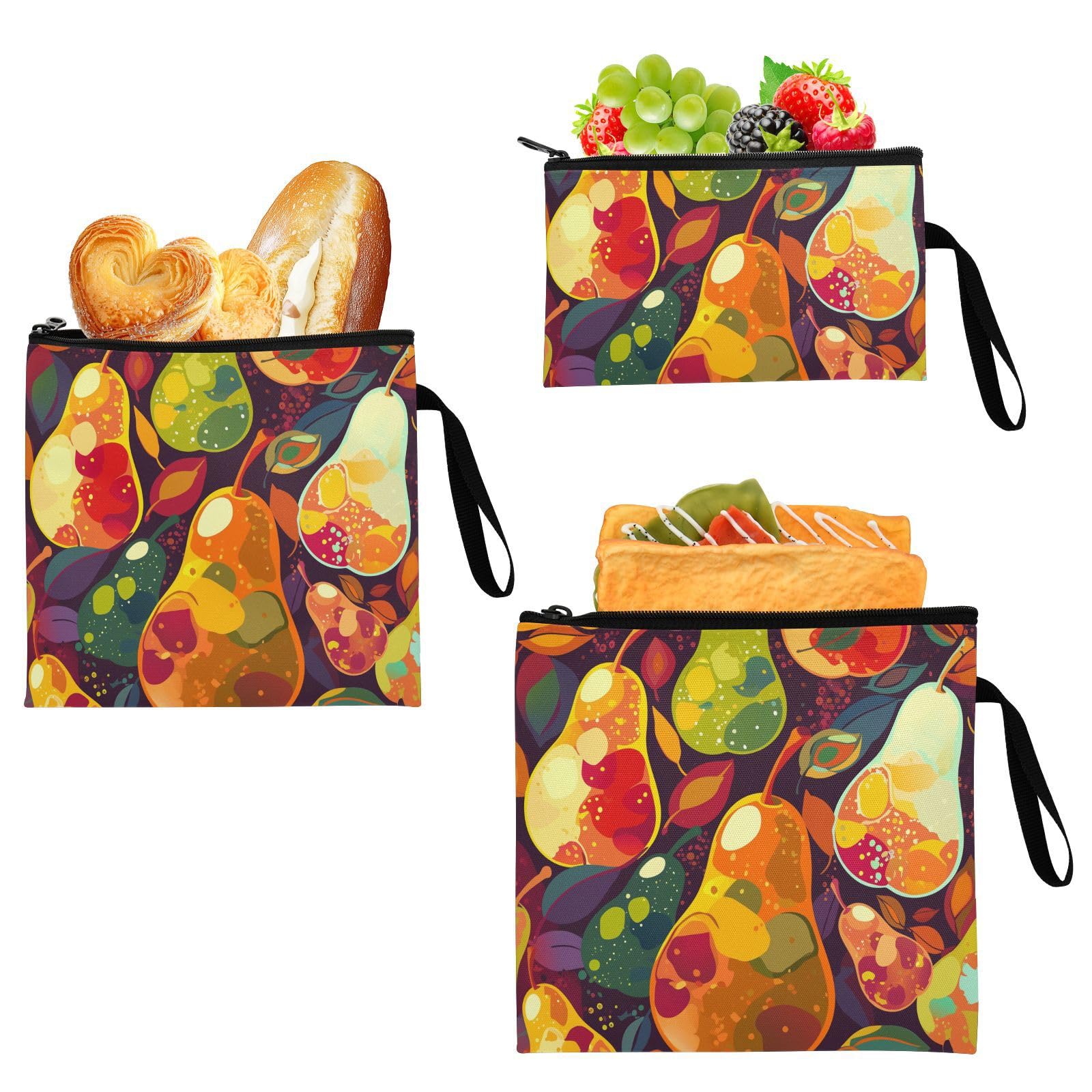 Fuzzy Gloss Pears 3 Piecing Reusable Zipper Snack Bags Portable Food-Safe Storage Zipper Bag for Camp Friends and Gear