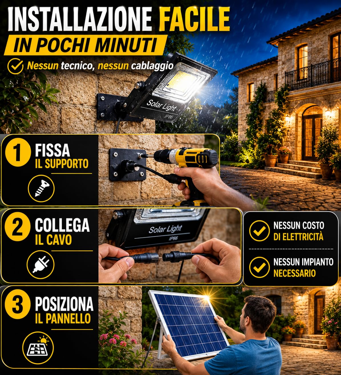 Faro Solare LED 1000W con Pannello Solare, Luce da Esterno 6500K Ultra Potente, Sensore Crepuscolare Automatico, Telecomando, IP67 Impermeabile, Faretto Solare per Giardino, Cortile, Garage, Vialetto